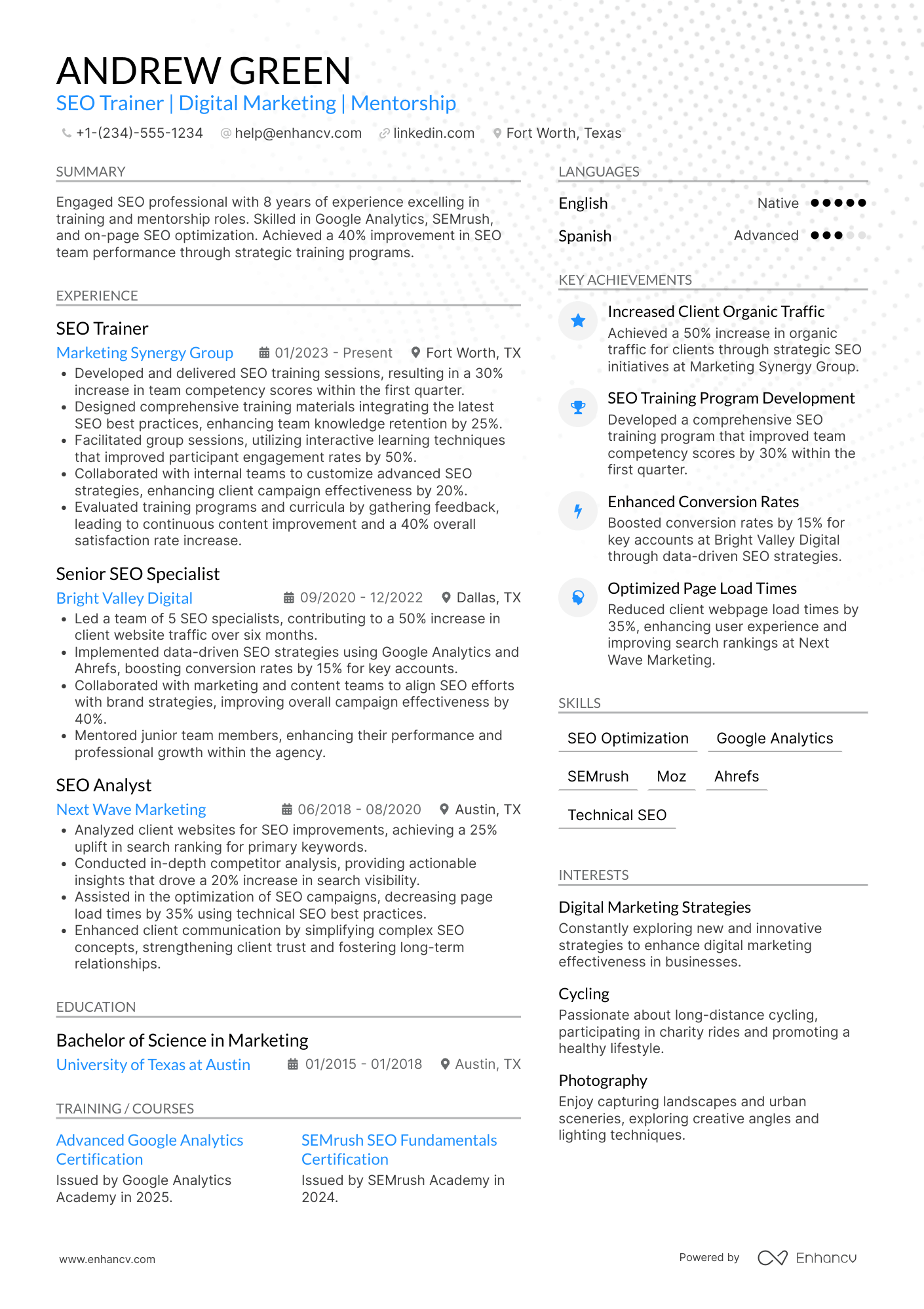 SEO Trainer Resume Example