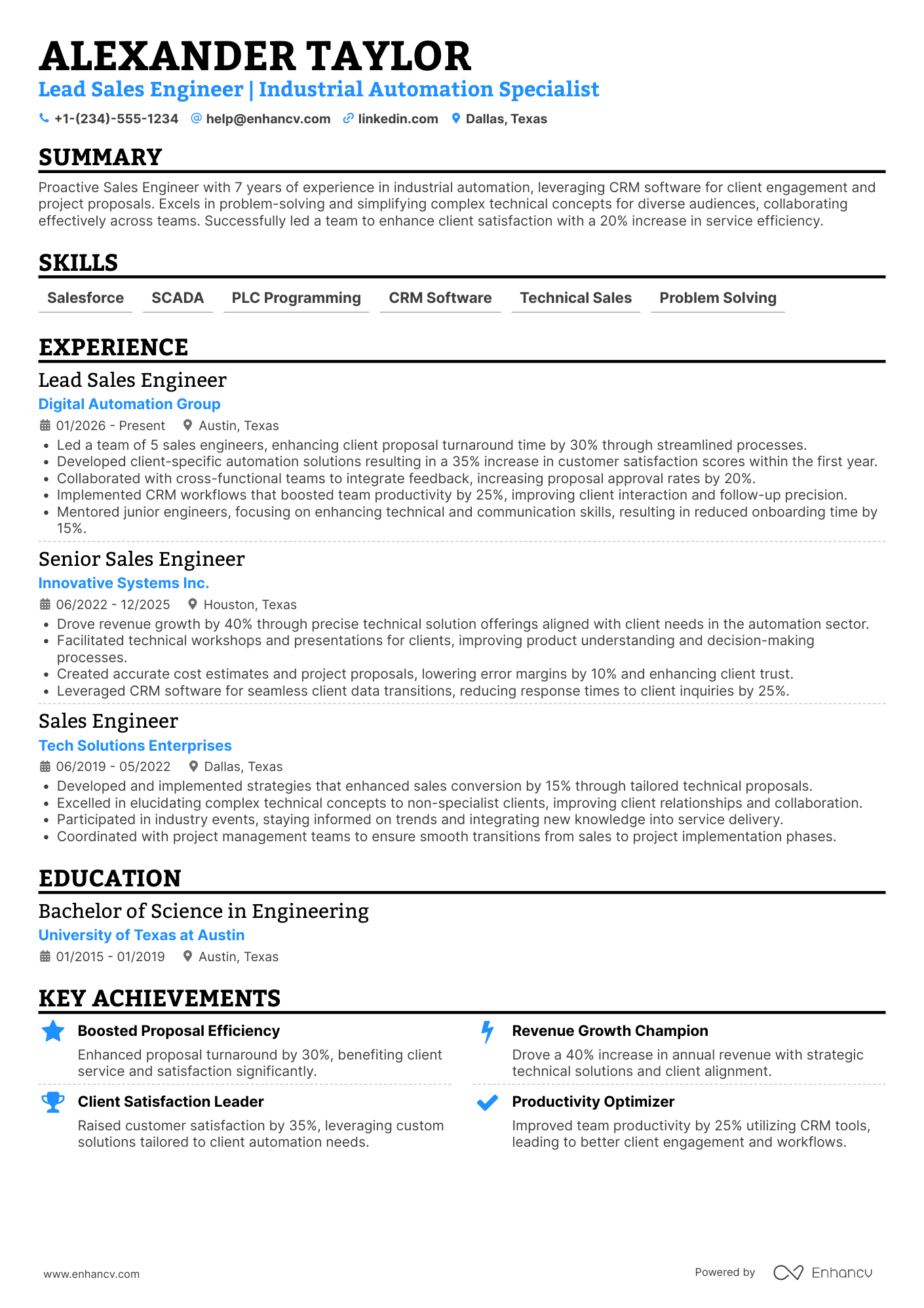 Lead Sales Engineer Resume Example