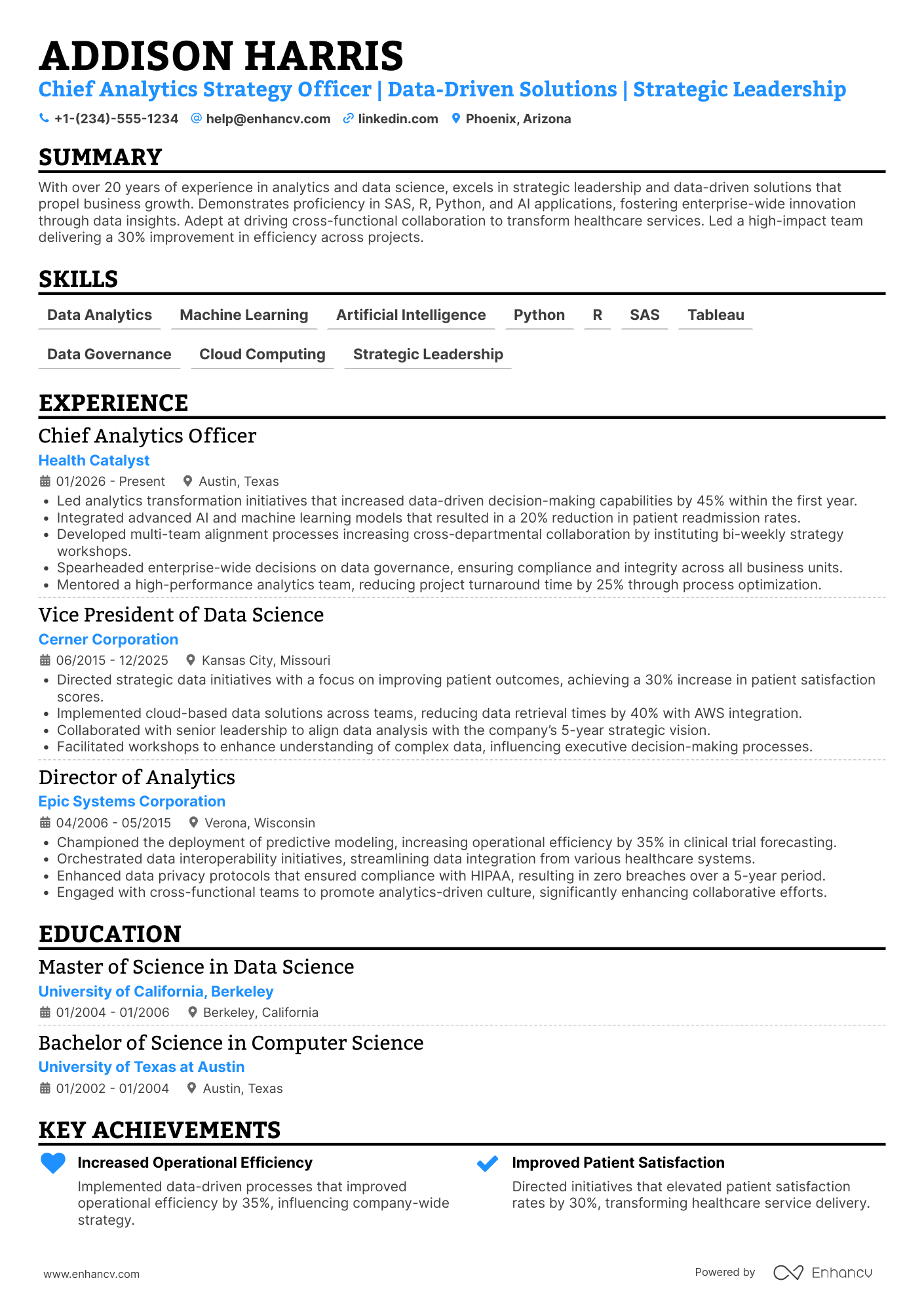 Chief Analytics Strategy Officer Resume Example