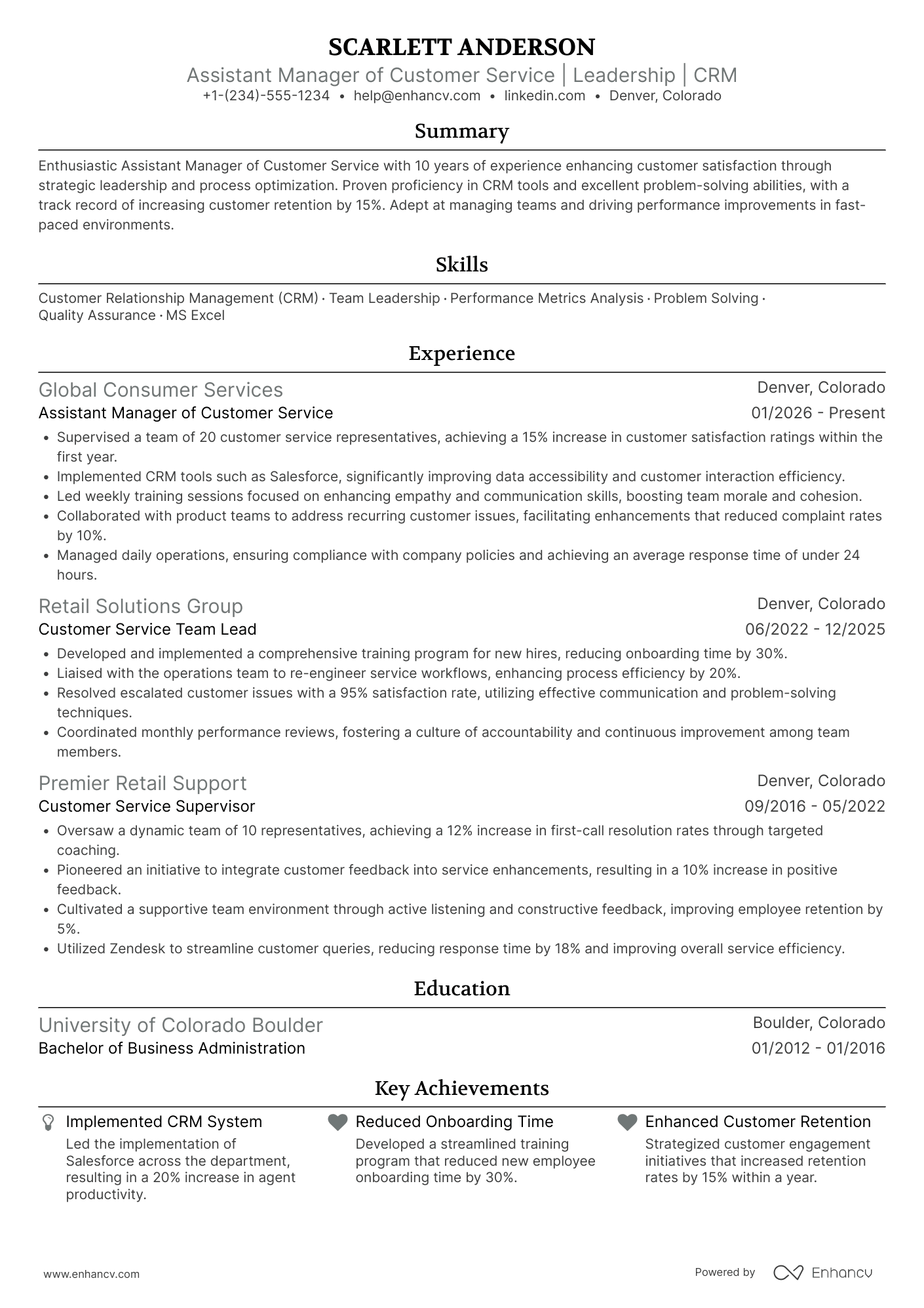 Assistant Manager of Customer Service Resume Example