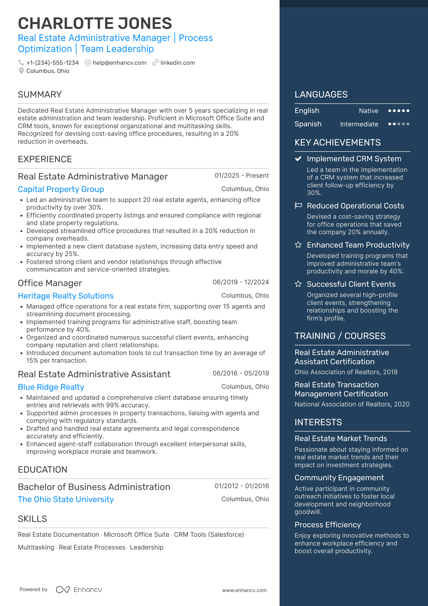 Real Estate Administrative Manager Resume Example