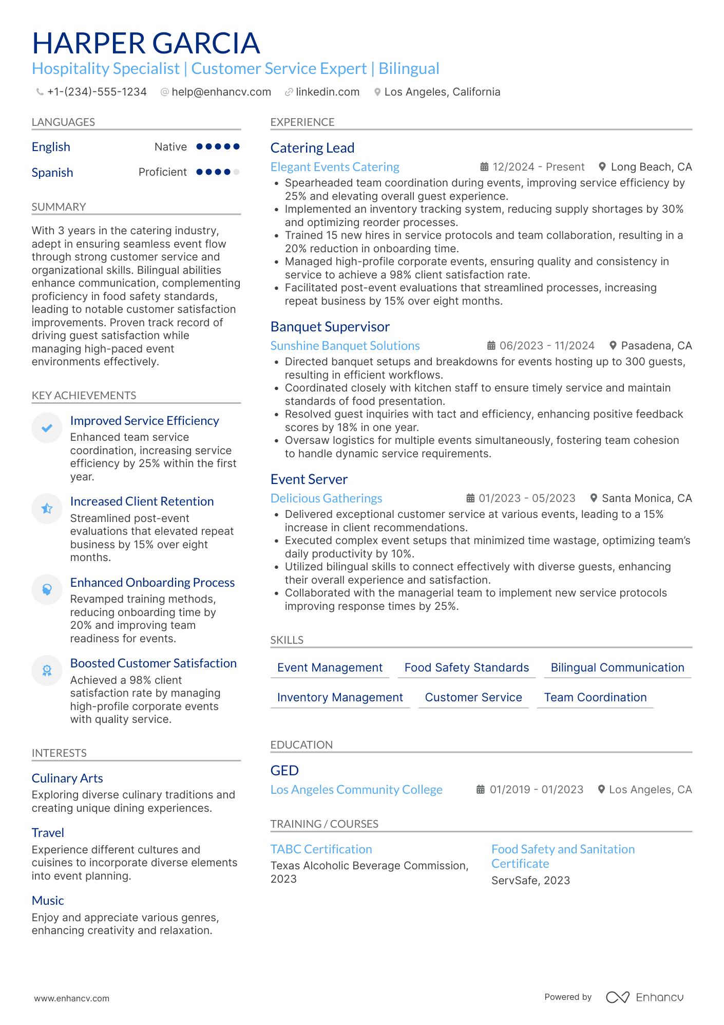 Catering Server Resume Example