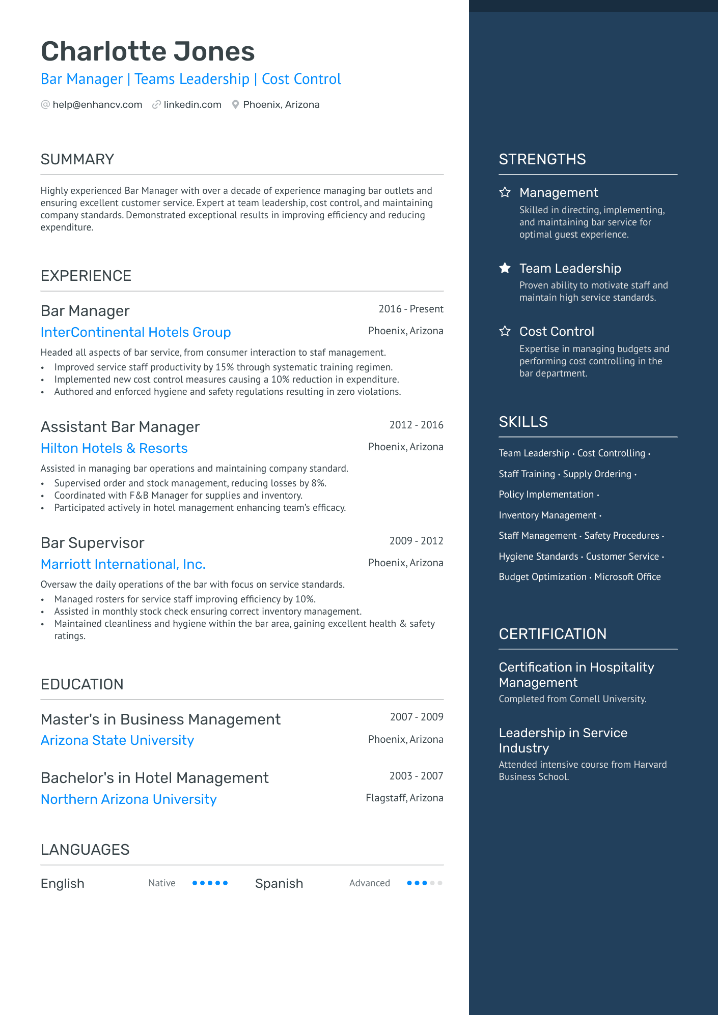 Restaurant Bar Manager Resume Example
