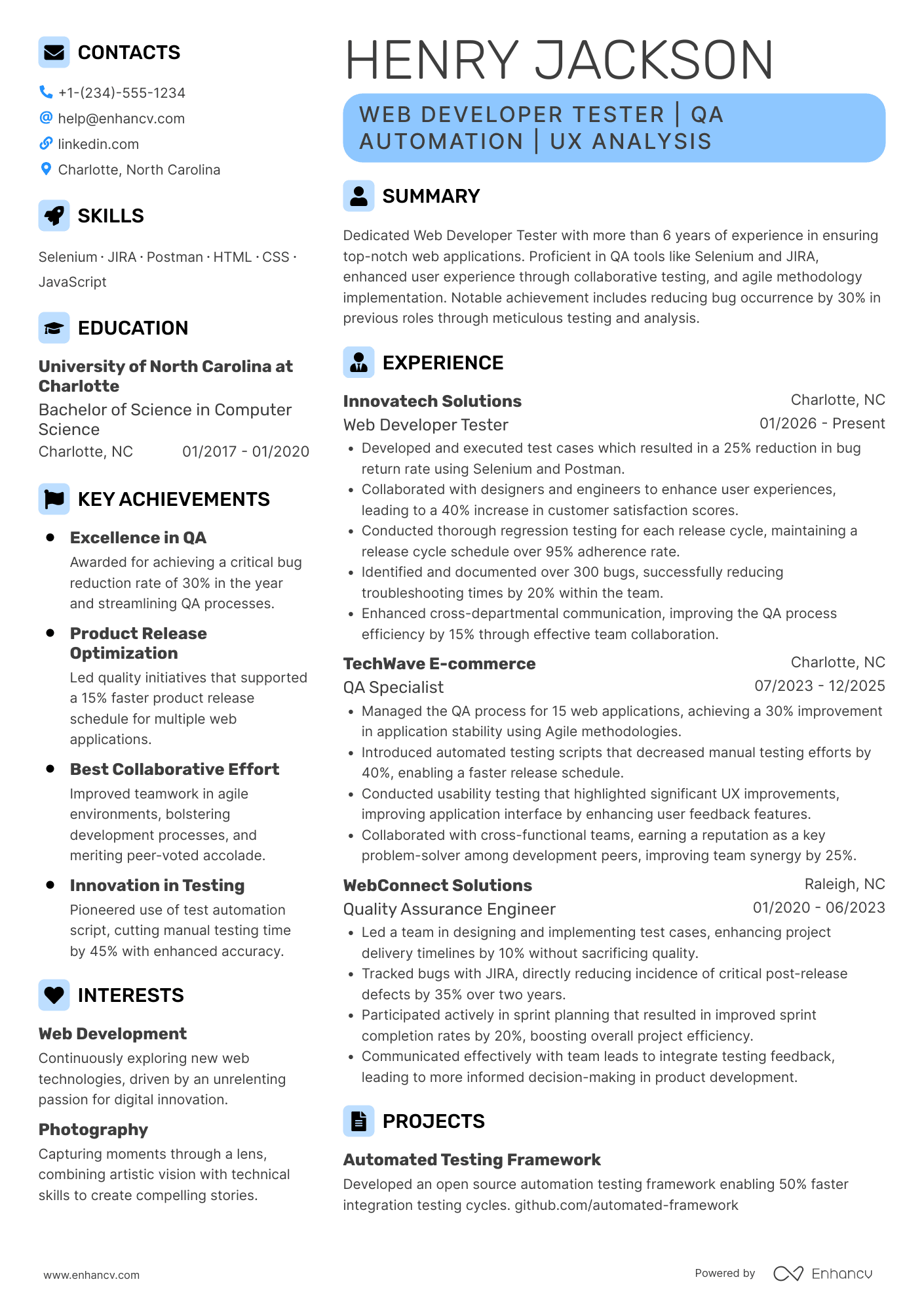 Web Developer Tester Resume Example