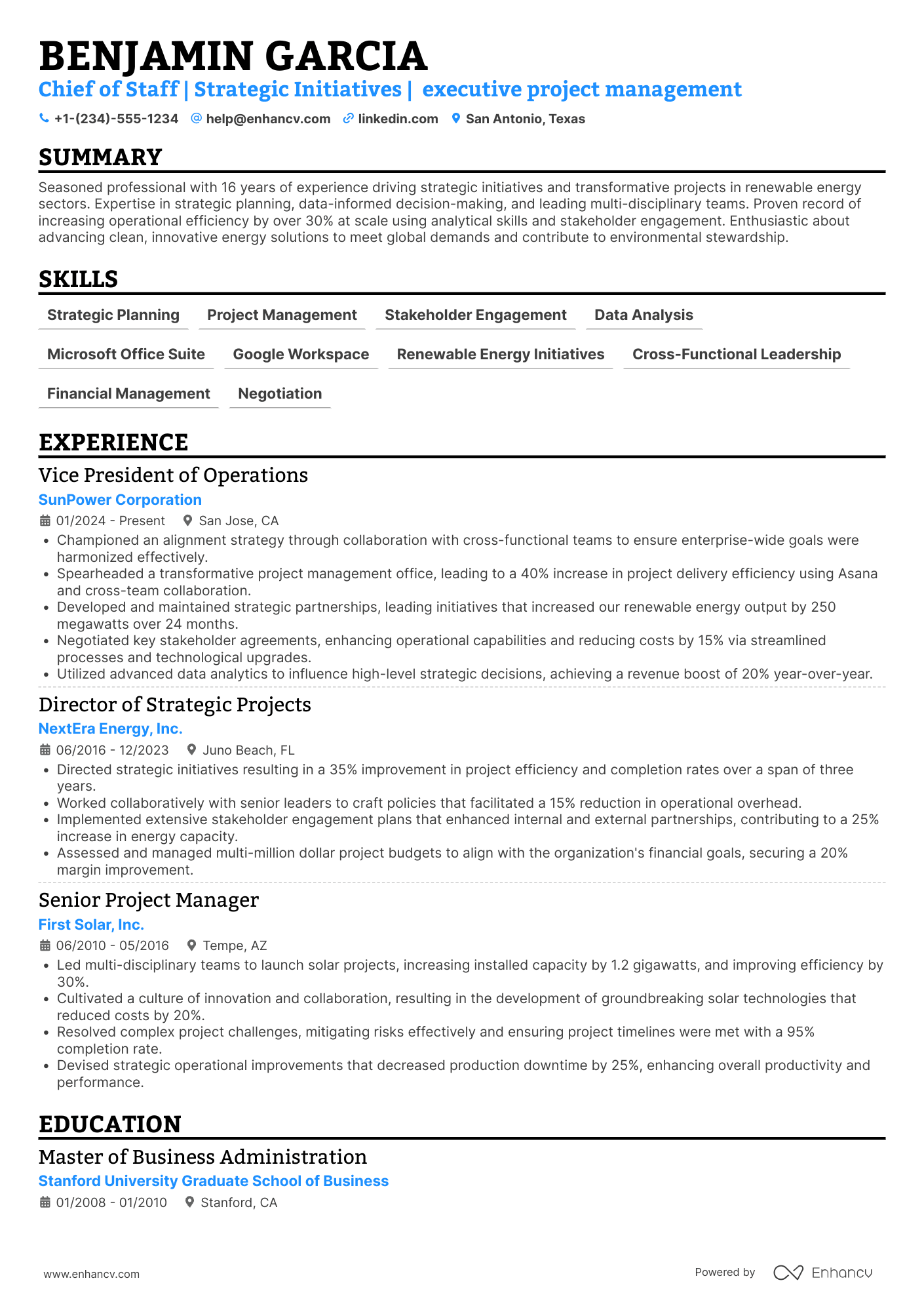 Chief of Staff to the President Resume Example