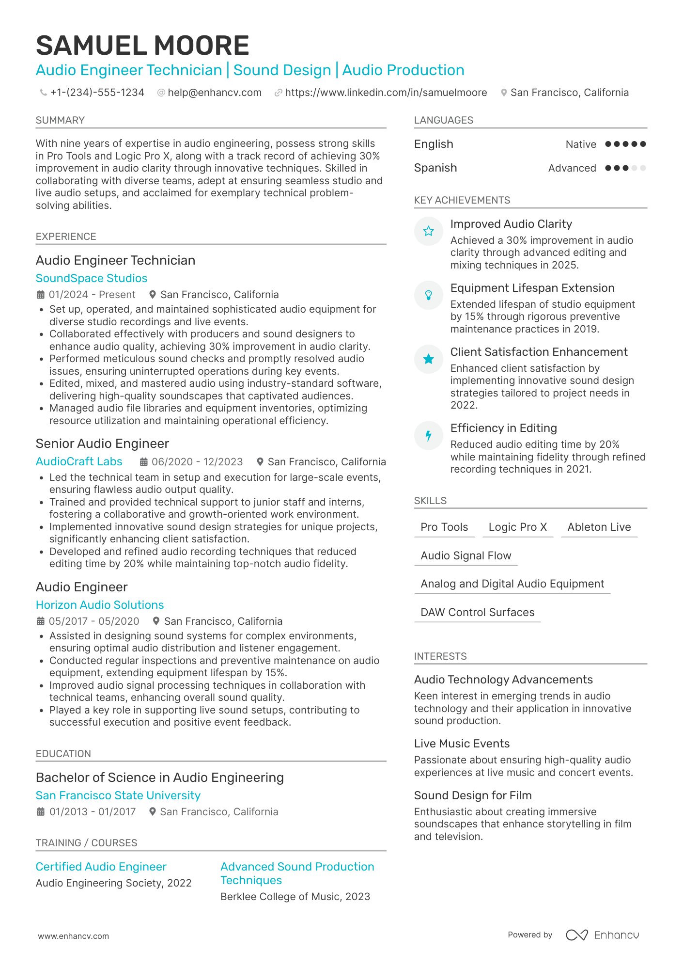 Audio Engineer Technician Resume Example