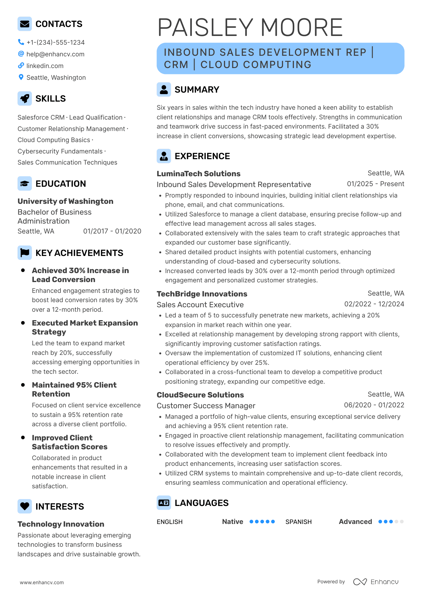 Inbound Sales Development Representative Resume Example