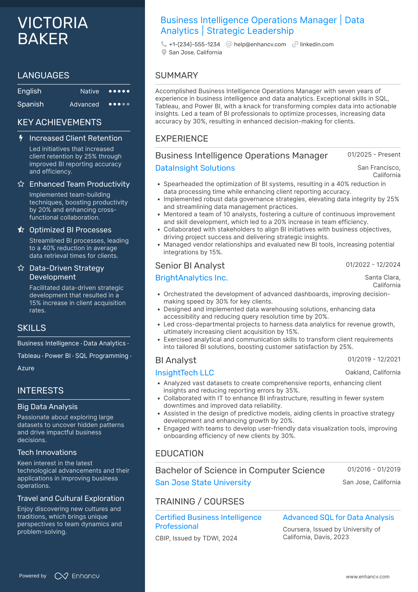 Business Intelligence Operations Manager Resume Example