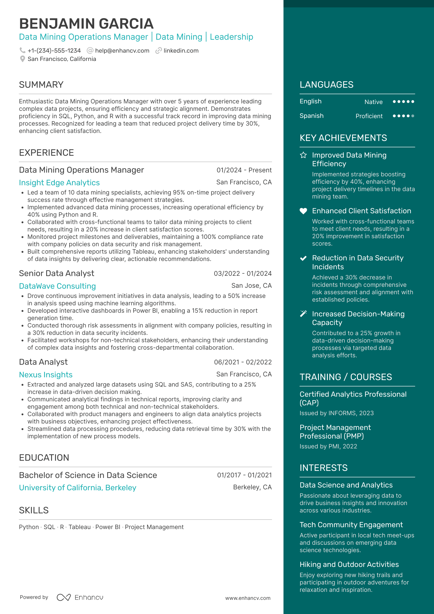 Data Mining Operations Manager Resume Example