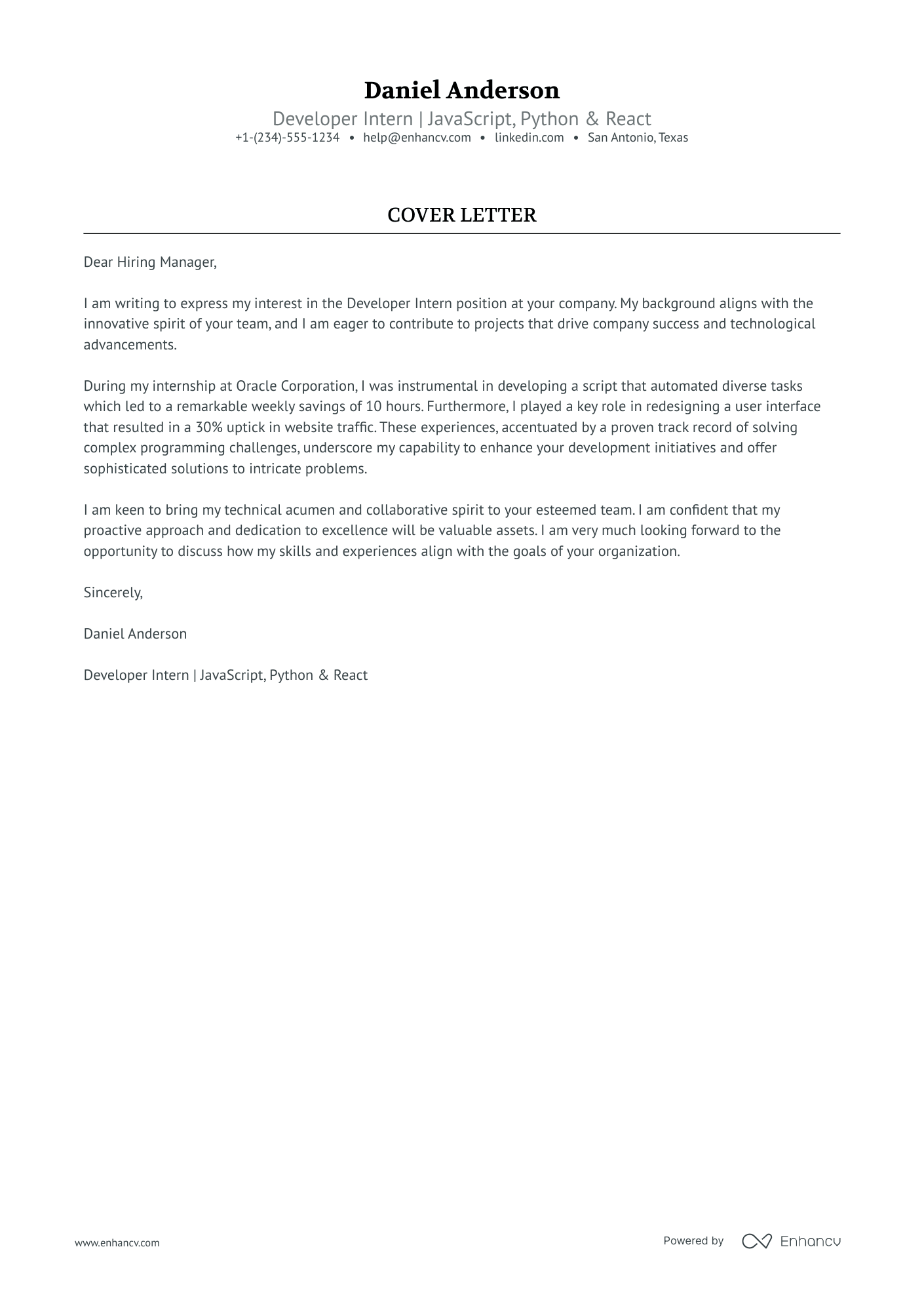 Developer Intern Resume Example