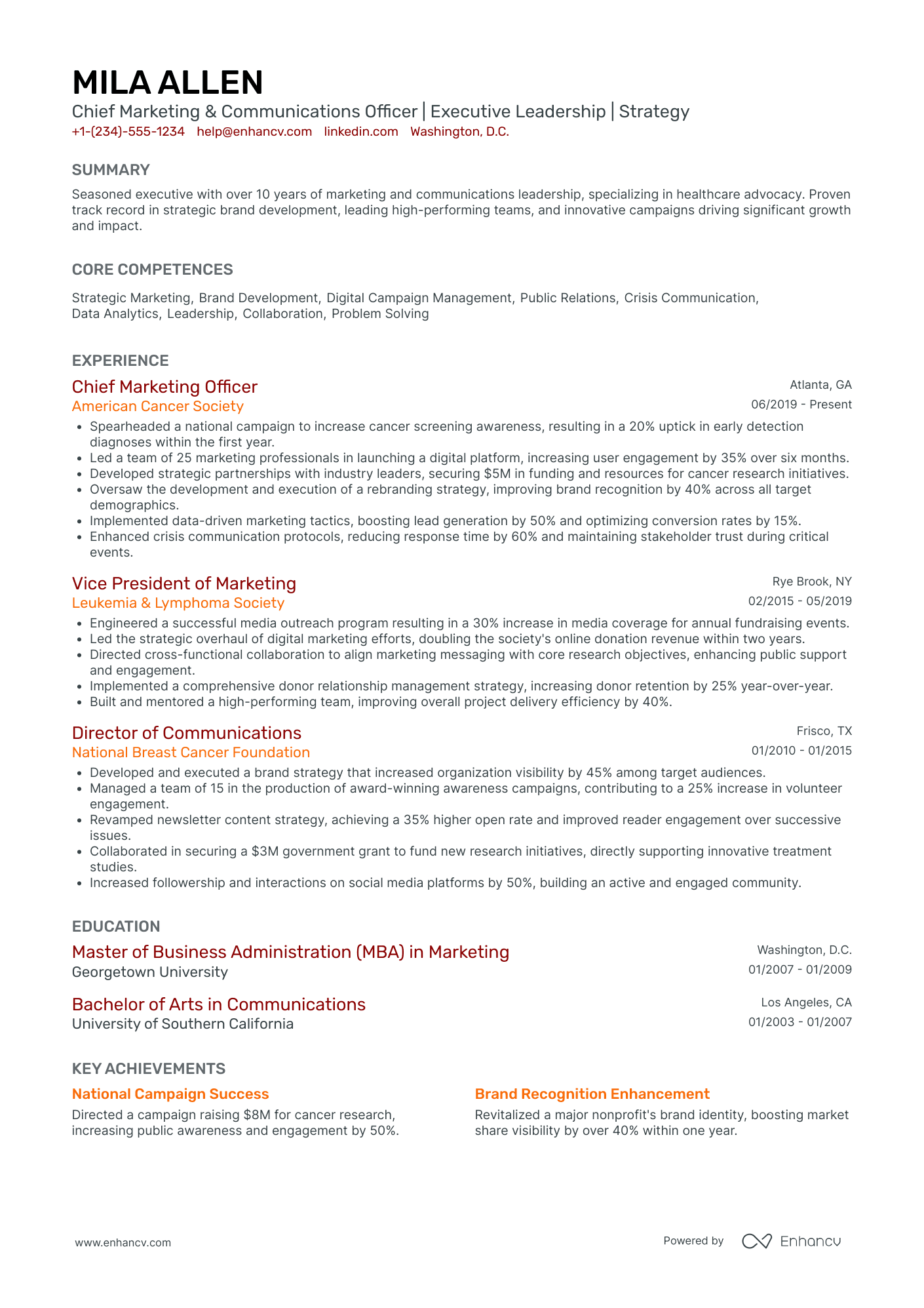 Chief Communications Officer for Media Relations Resume Example