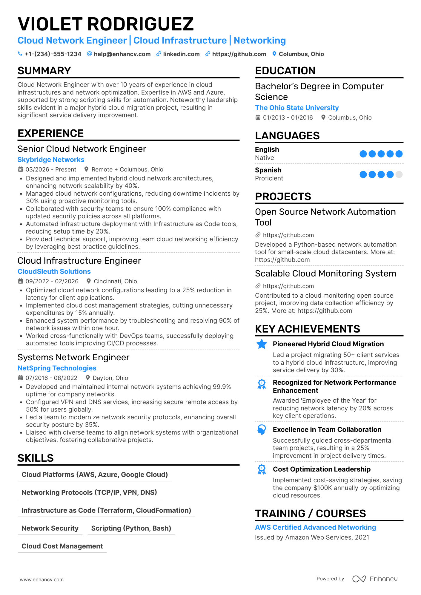 Cloud Network Engineer Resume Example