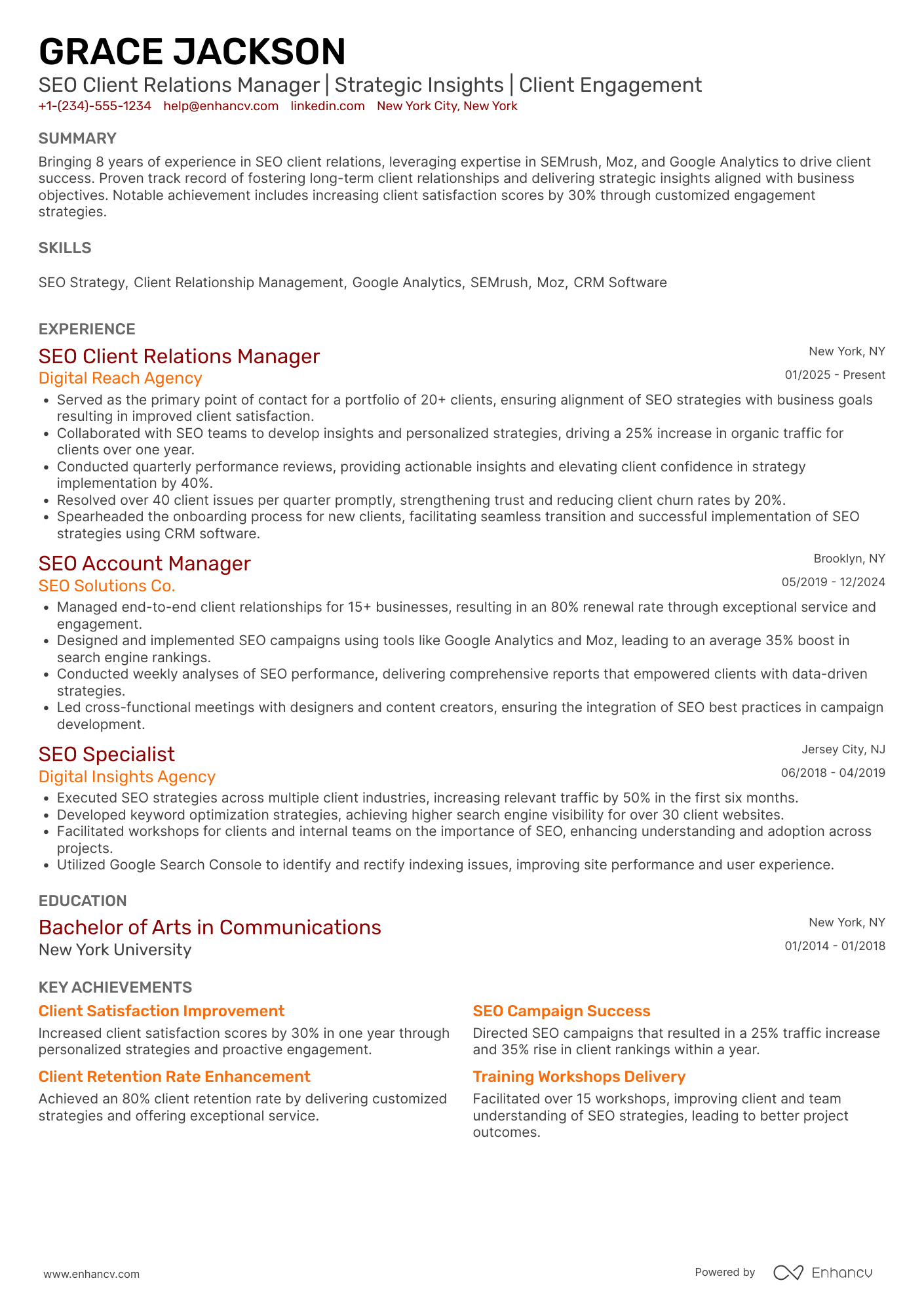SEO Client Relations Manager Resume Example