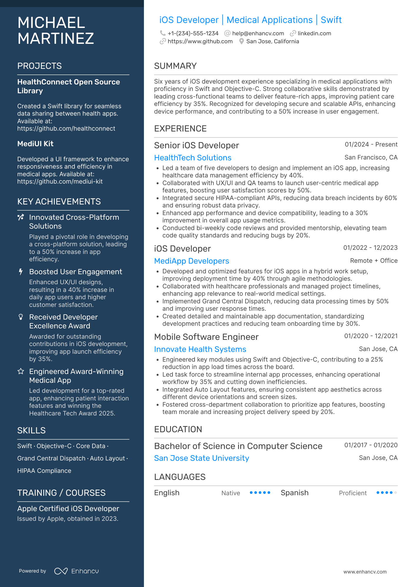 iOS Developer, Medical Applications Resume Example