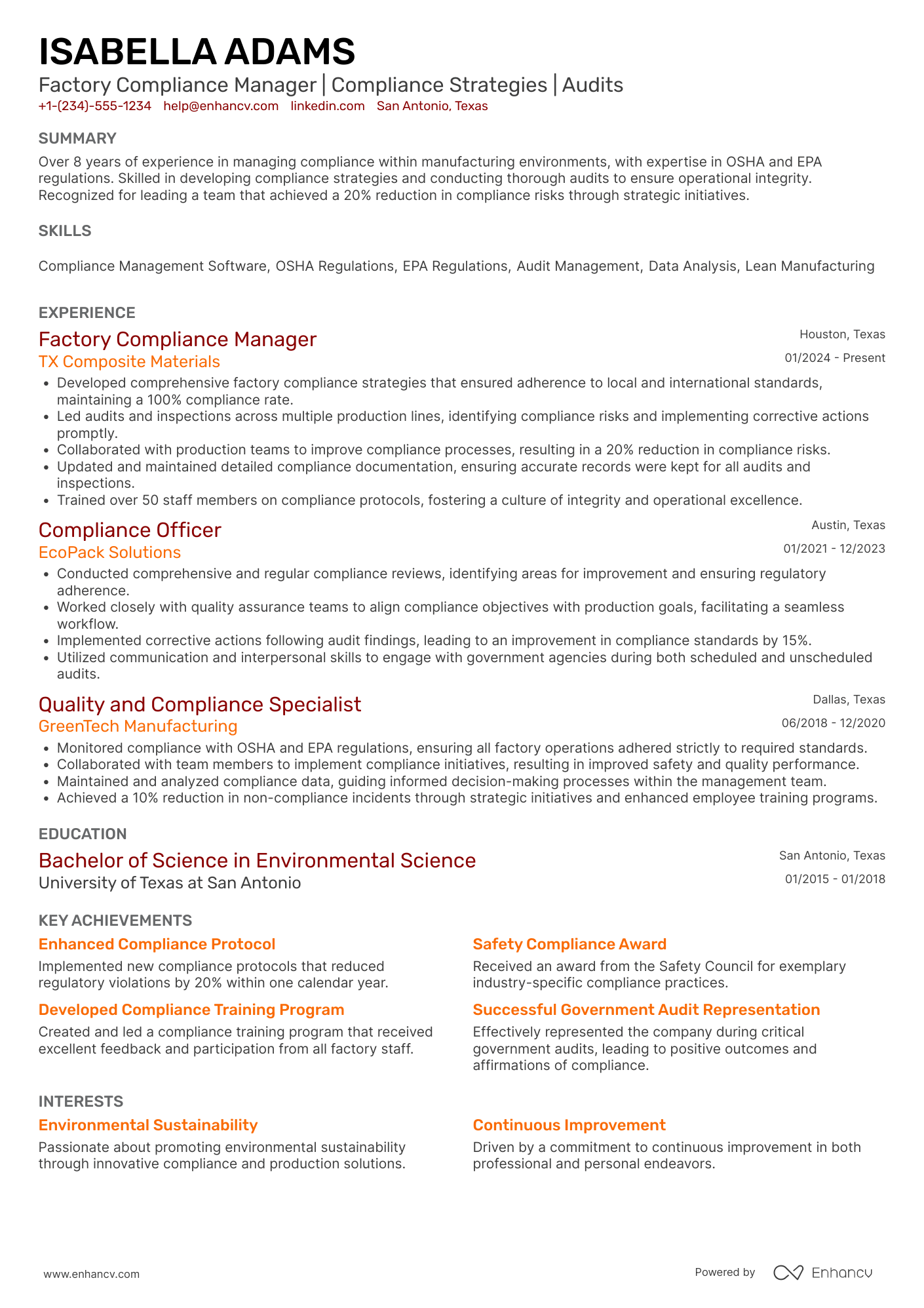 Factory Compliance Manager Resume Example