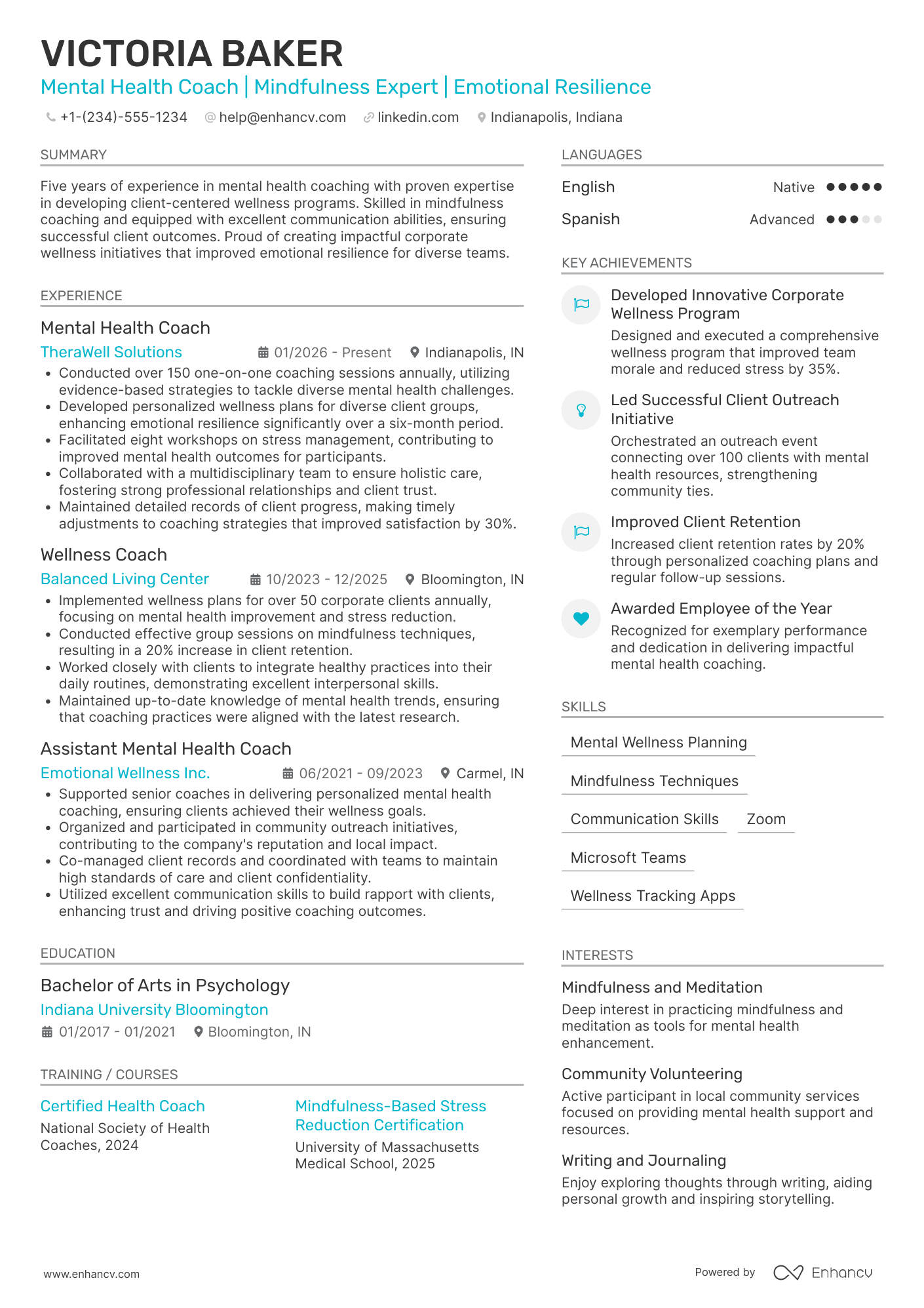 Mental Health Coach Resume Example
