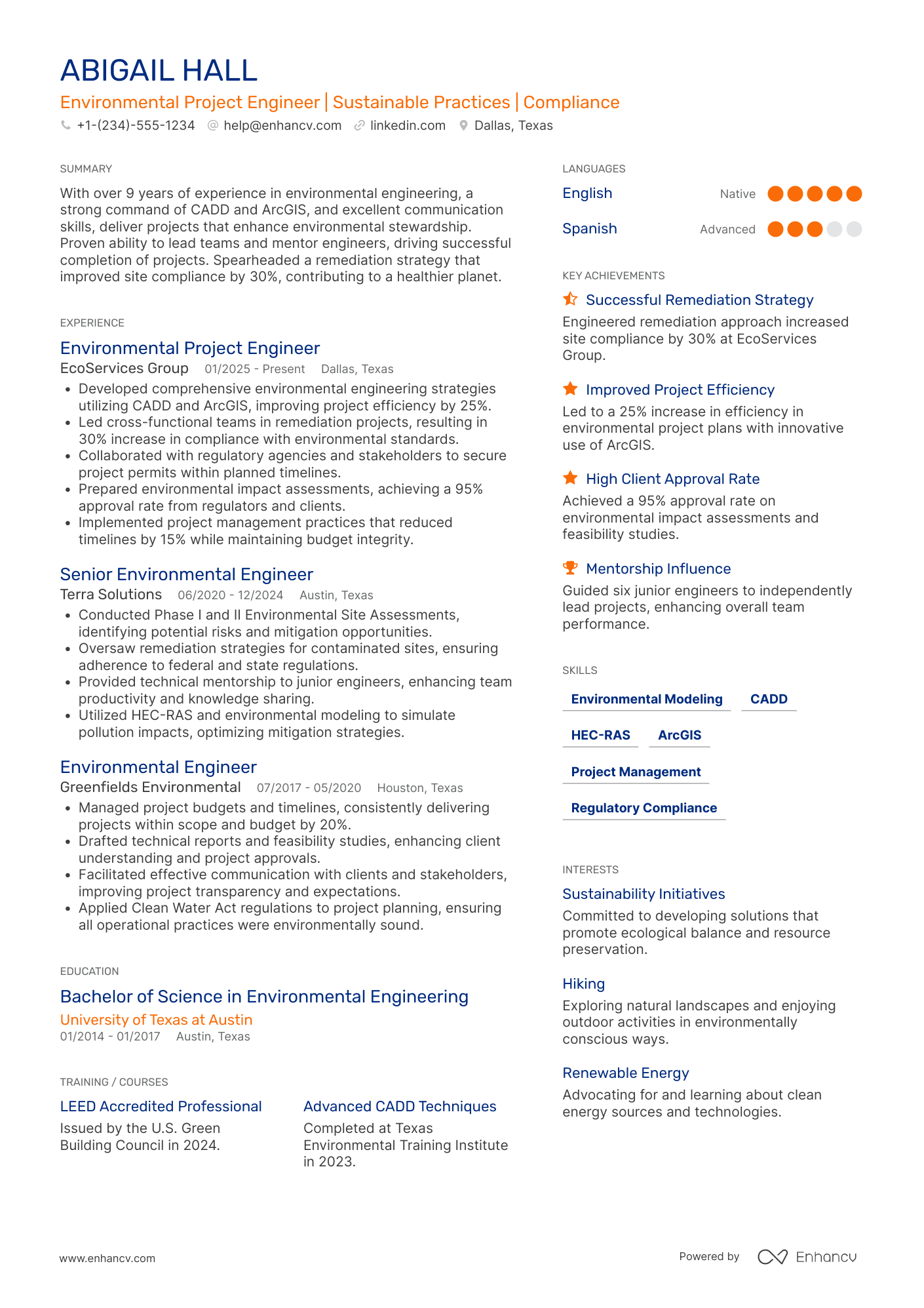 Environmental Project Engineer Resume Example