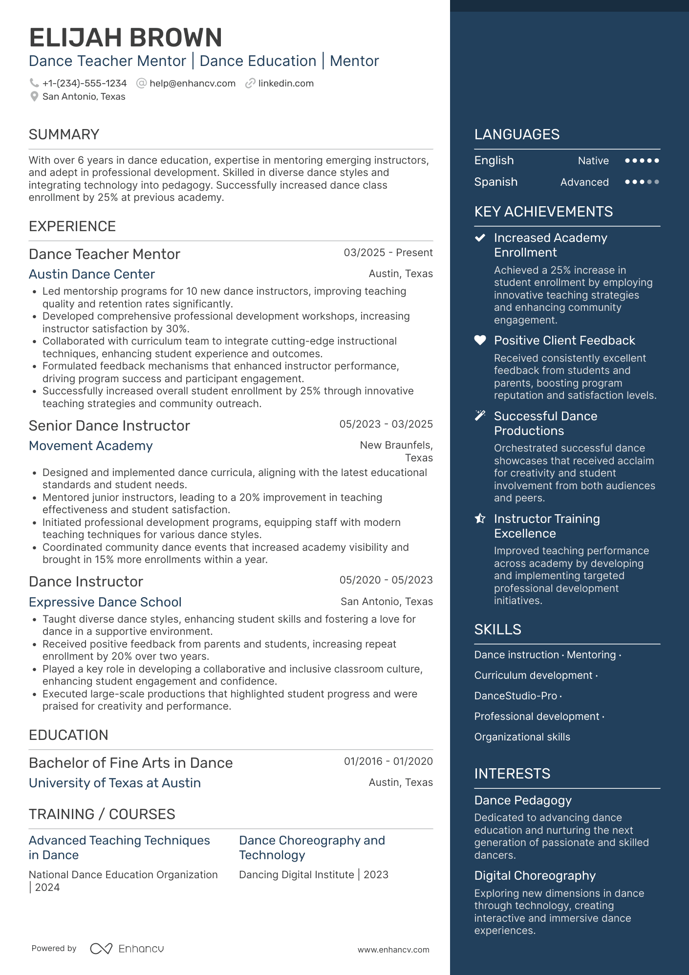 Dance Teacher Mentor Resume Example