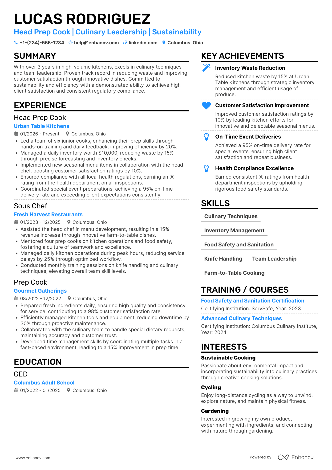 Head Prep Cook Resume Example