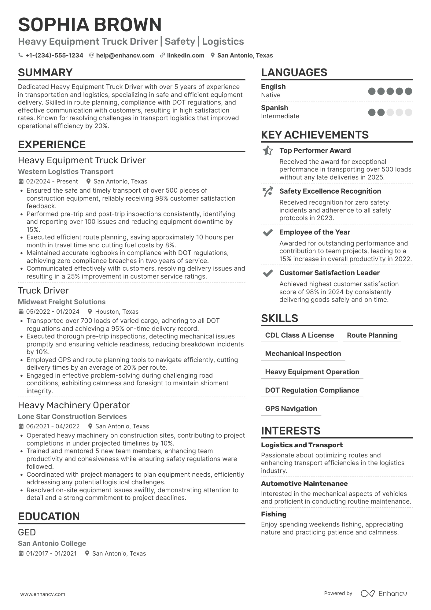Heavy Equipment Truck Driver Resume Example