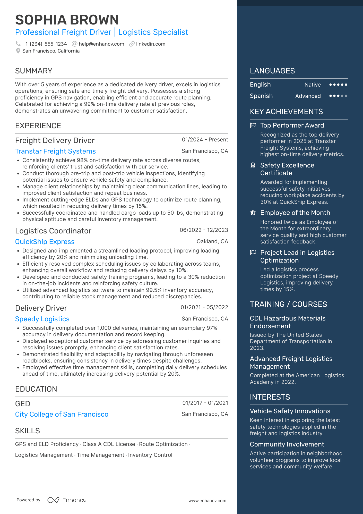 Freight Delivery Driver Resume Example