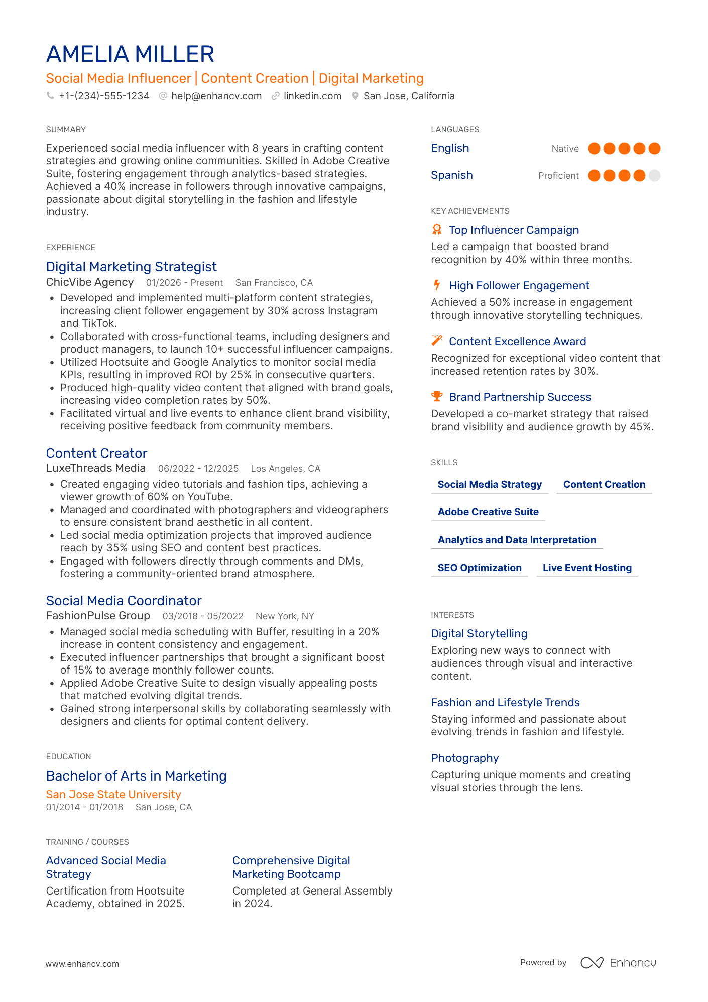 Social Media Influencer Content Creator Resume Example