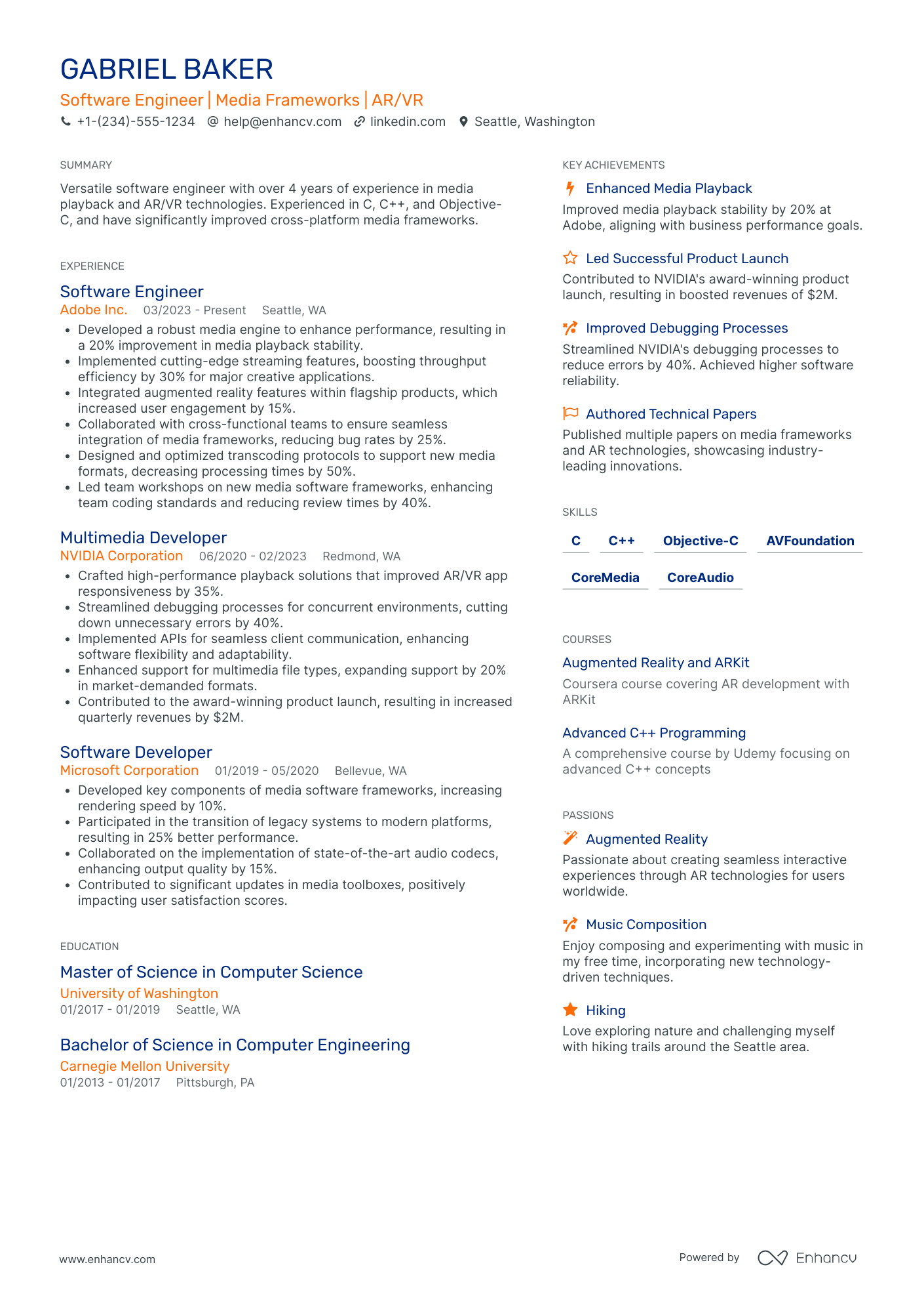 AR/VR Software Engineer Resume Example