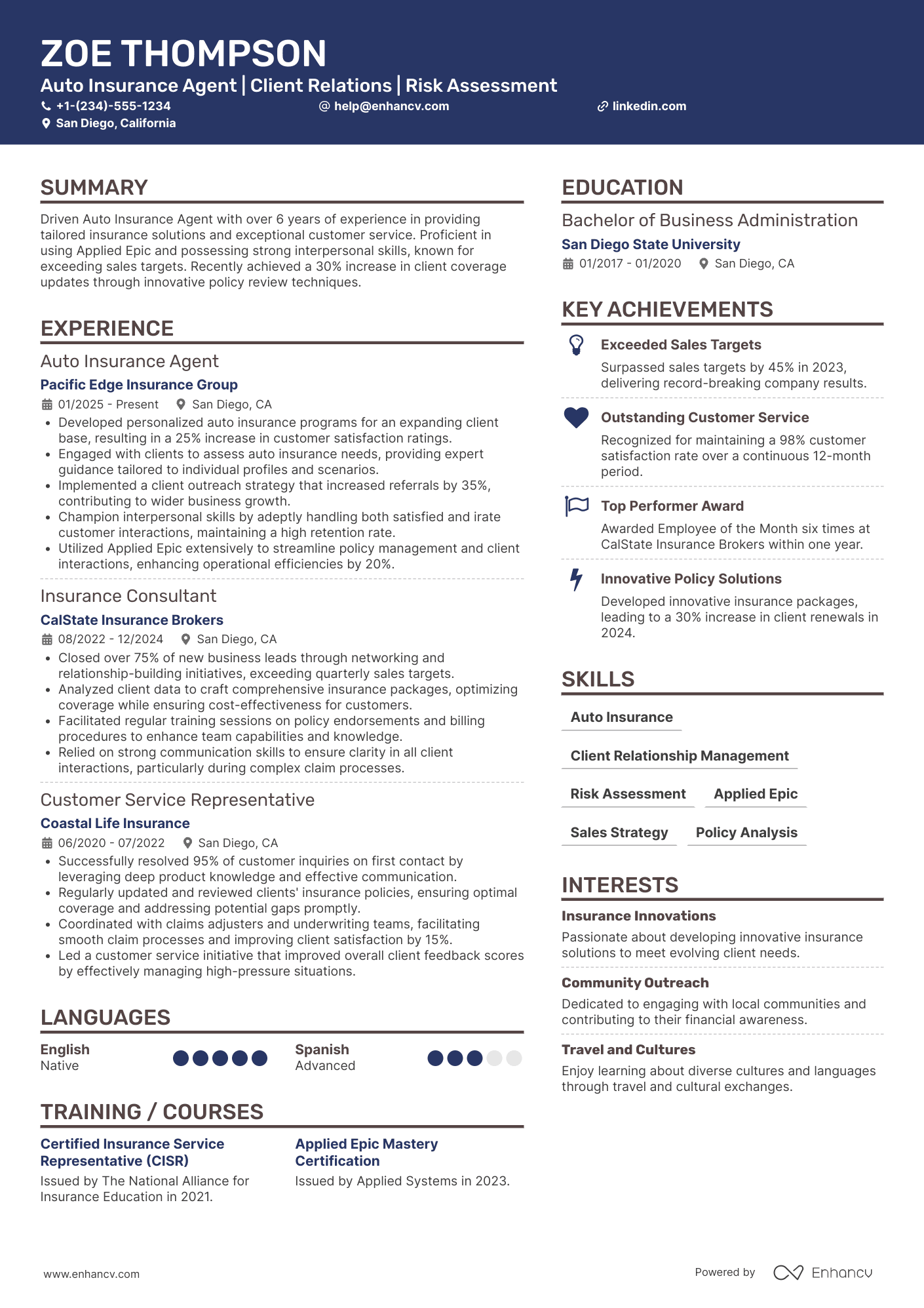 Auto Insurance Agent Resume Example
