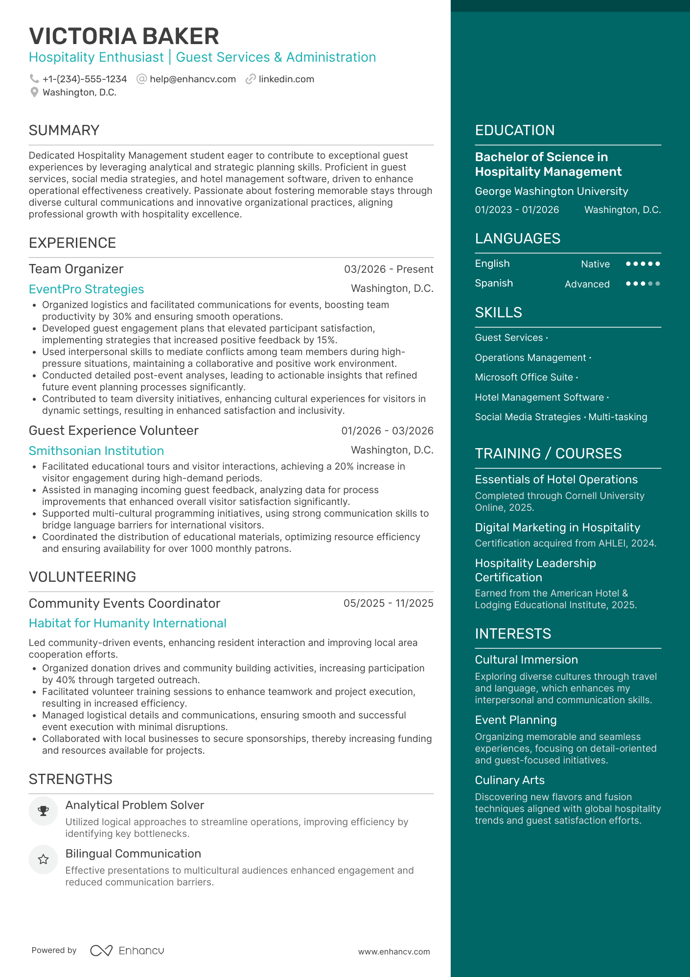 Hospitality Intern Resume Example