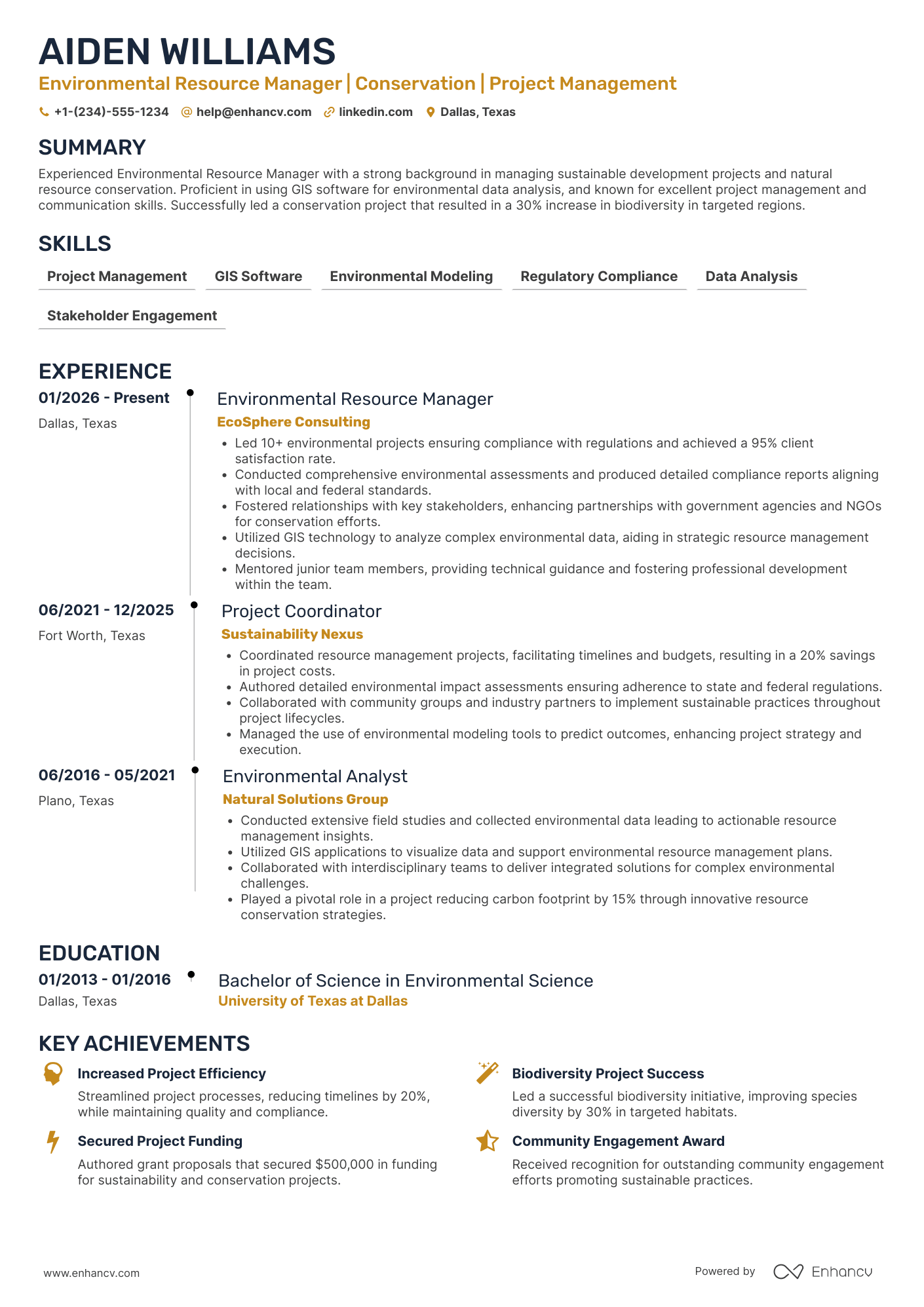 Environmental Resource Manager Resume Example