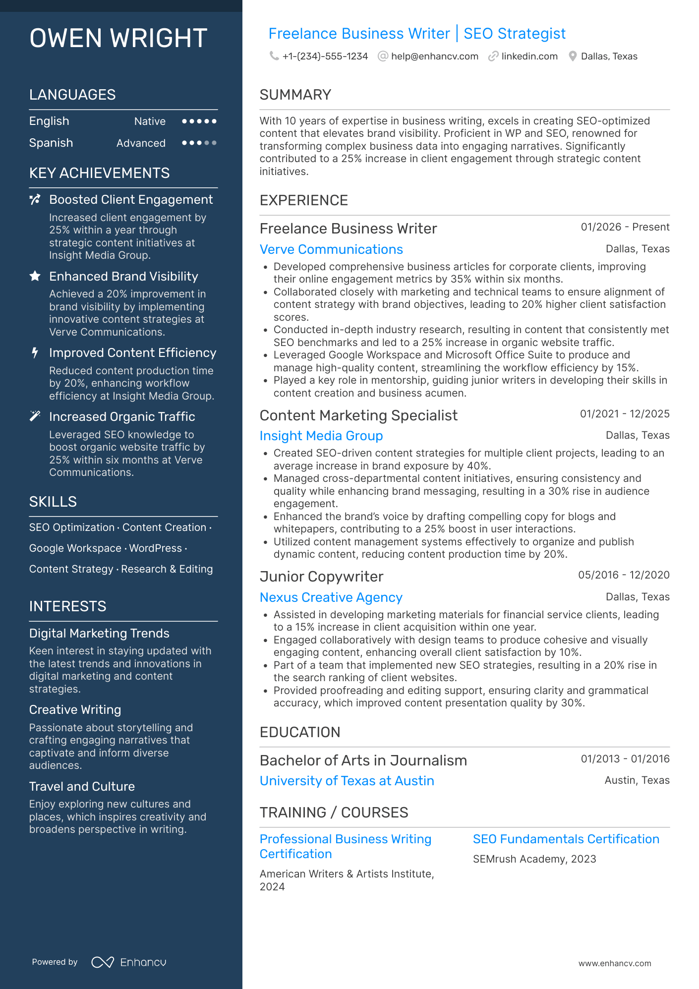 Freelance Business Writer Resume Example
