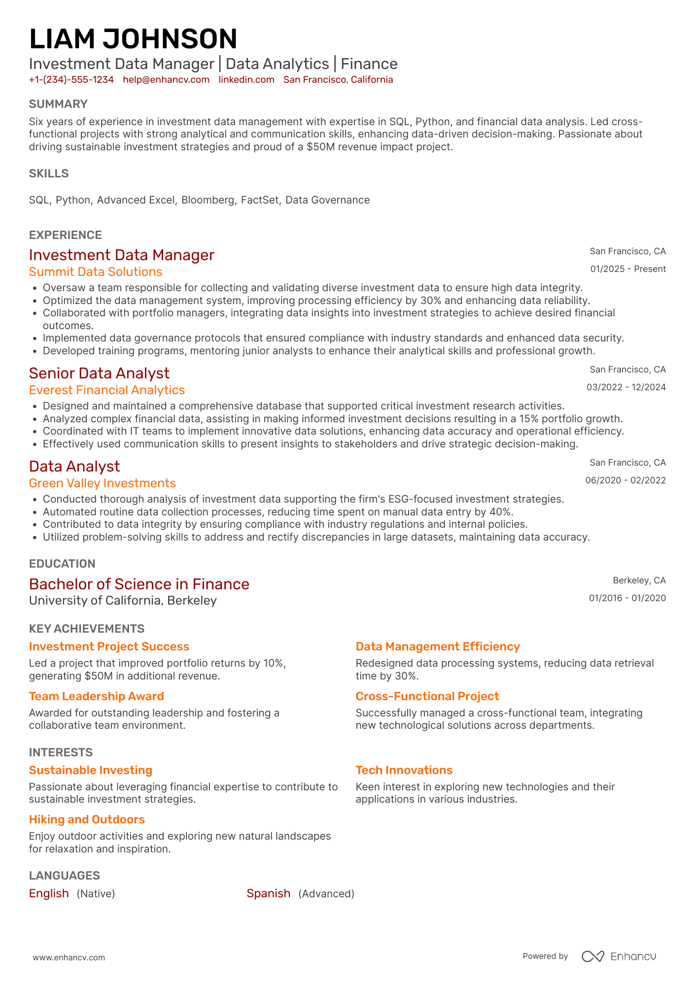 Investment Data Manager Resume Example