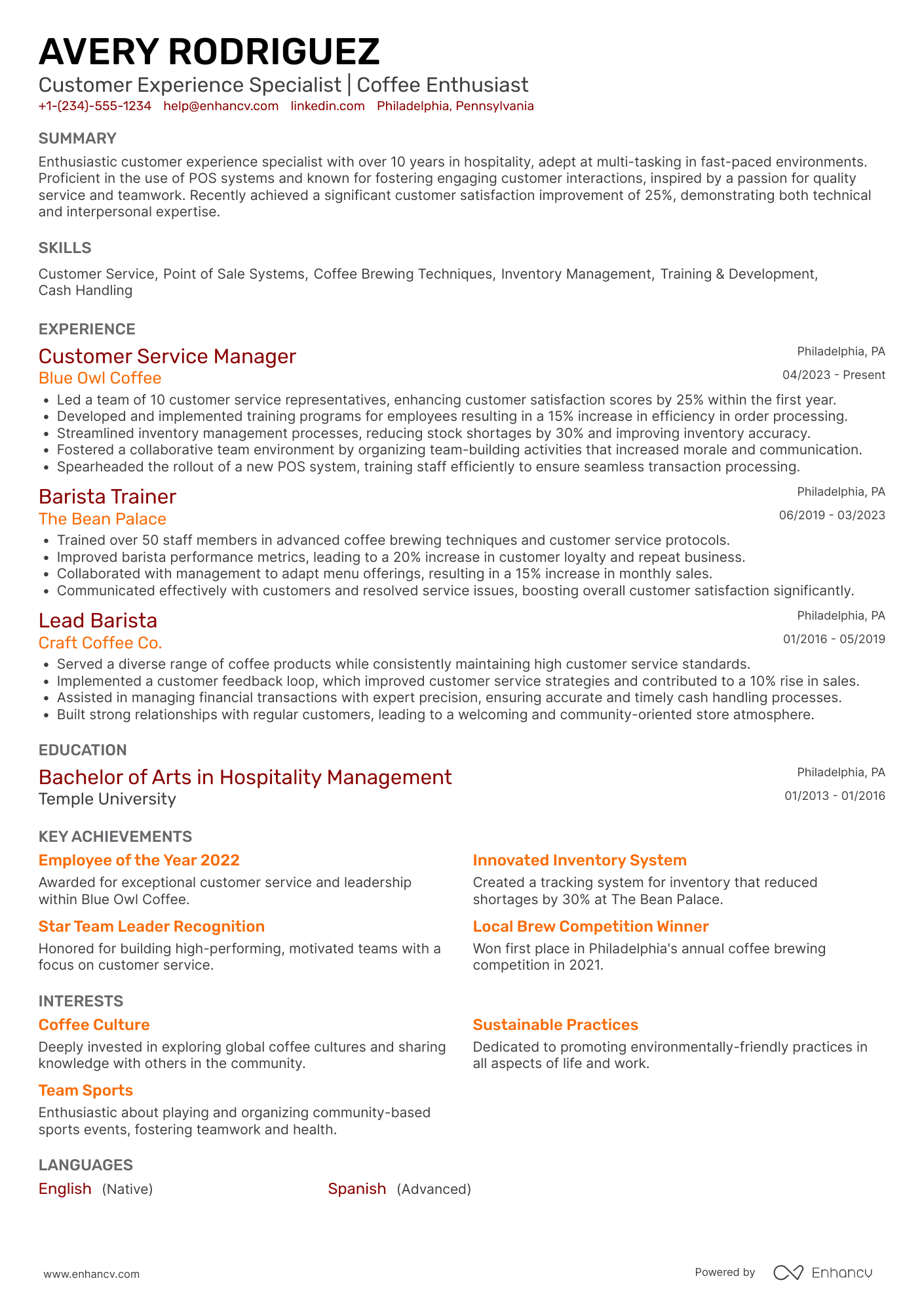 Starbucks Partner (Employee) Resume Example