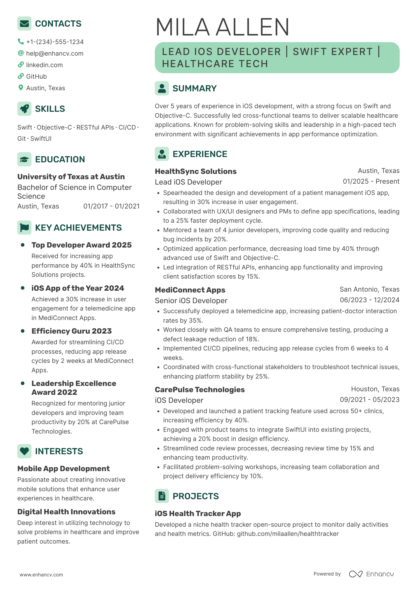 Lead iOS Developer Resume Example