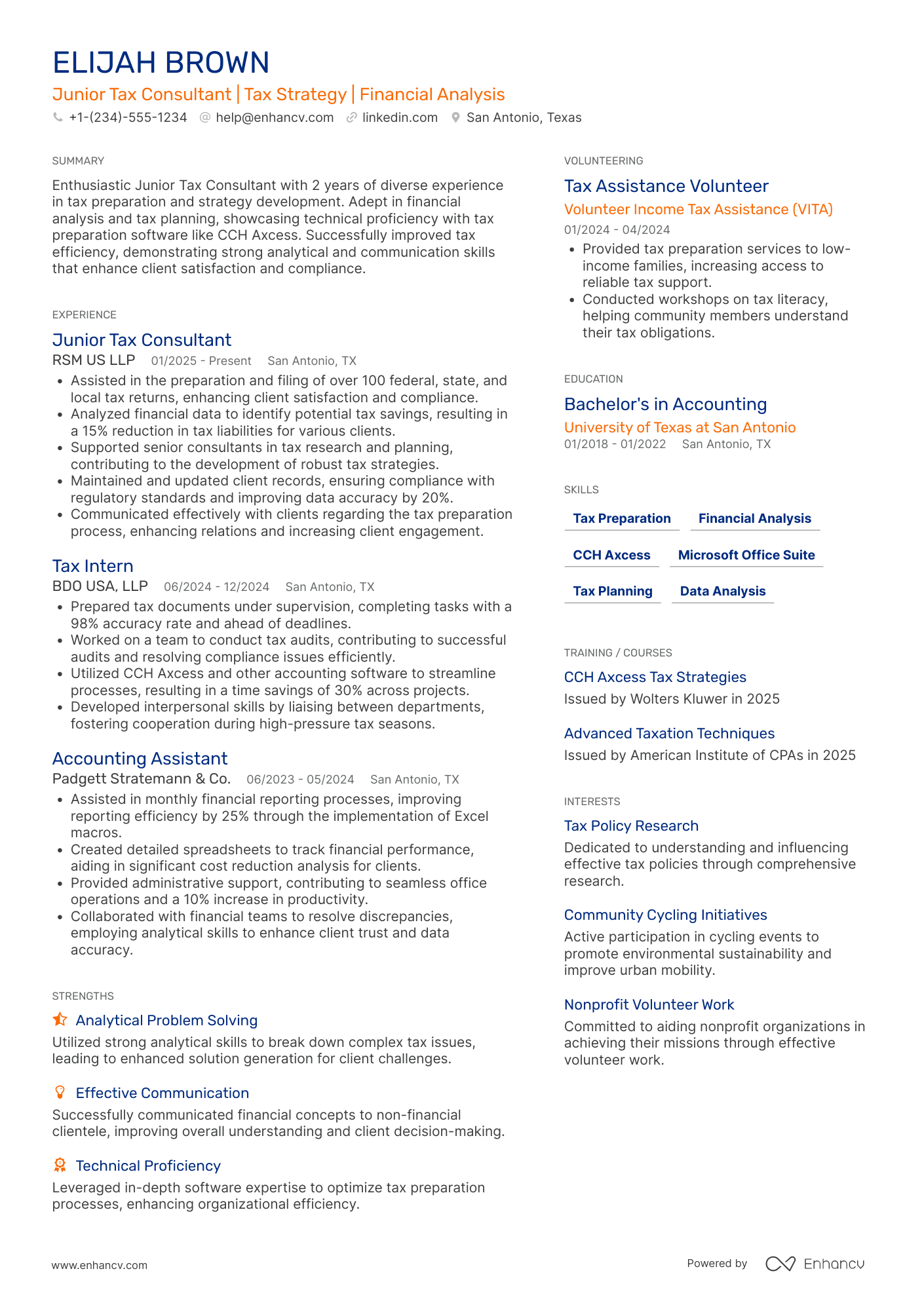 PwC Junior Tax Consultant Resume Example