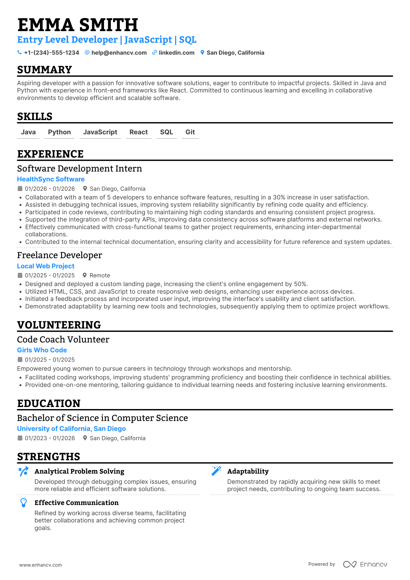 Entry Level Developer Resume Example