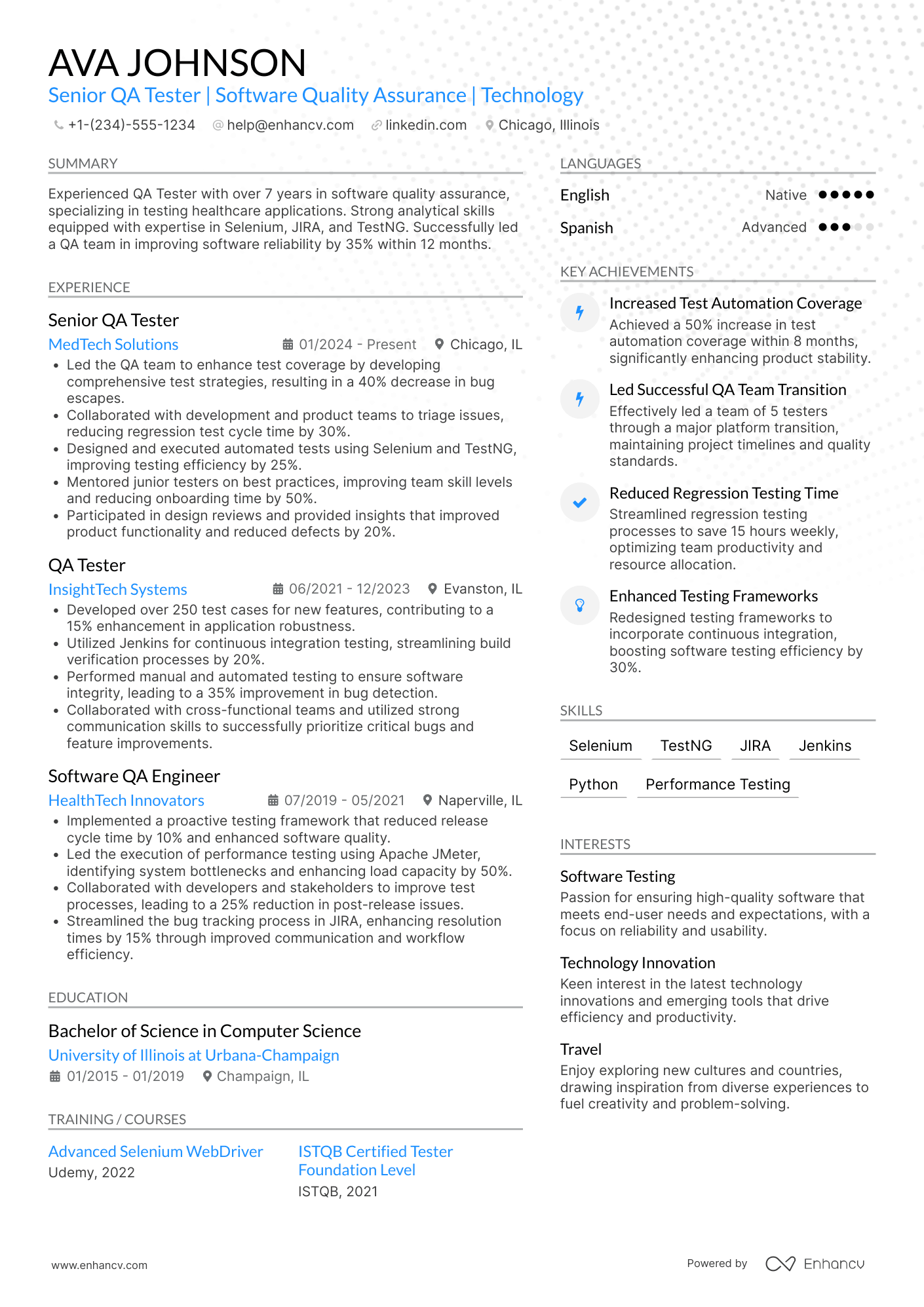 Senior QA Tester Resume Example