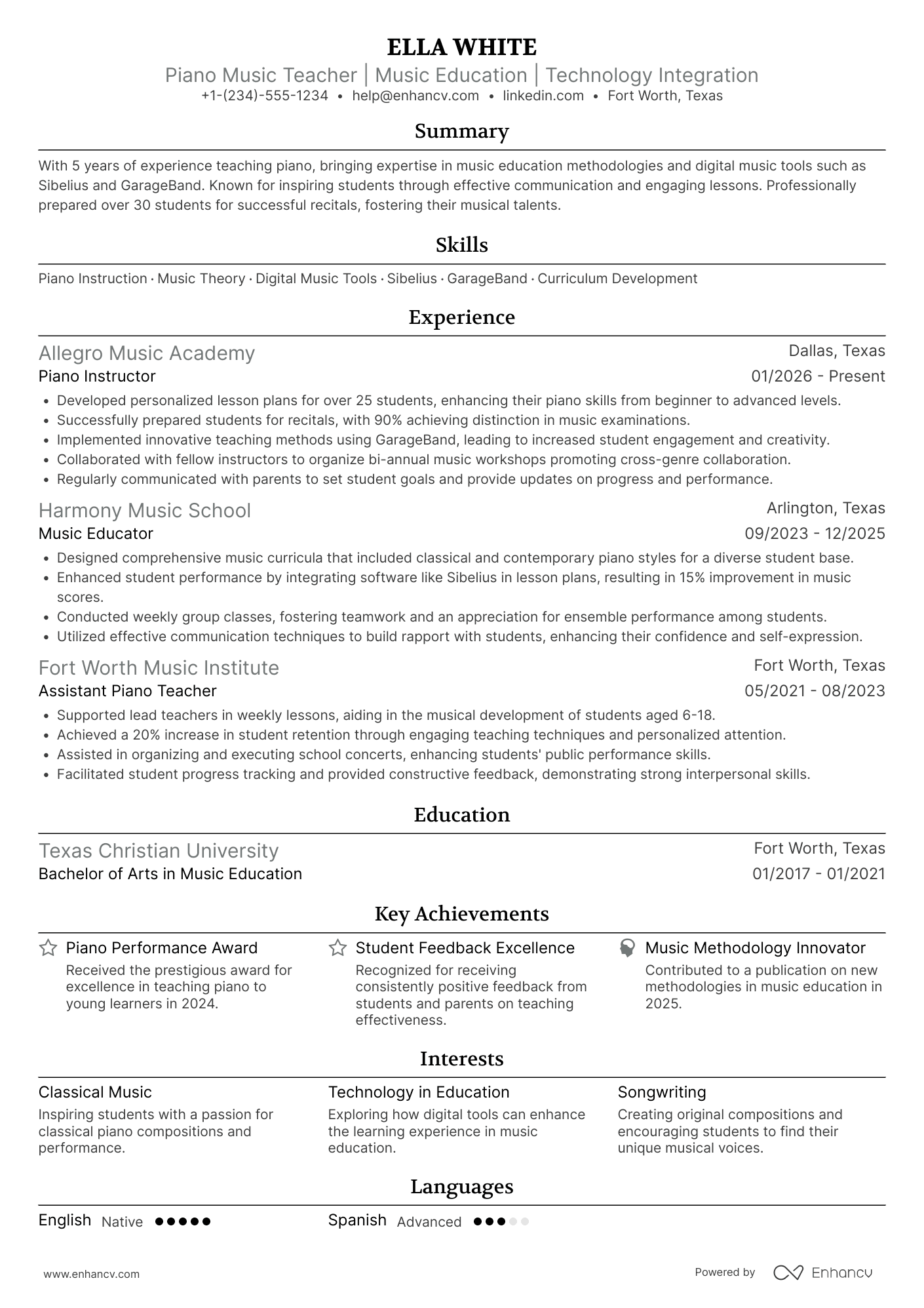 Piano Music Teacher Resume Example
