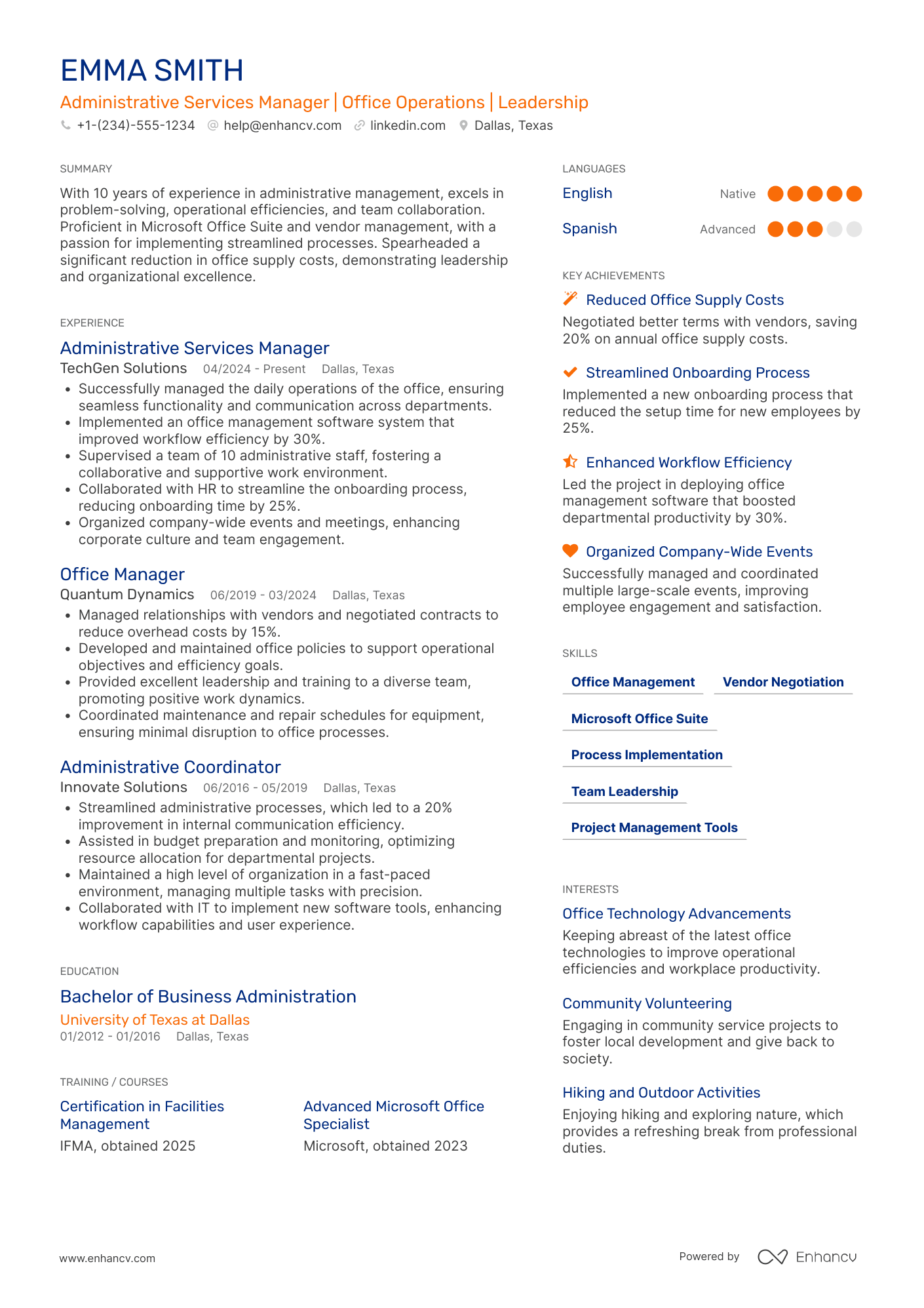 Administrative Services Manager Resume Example