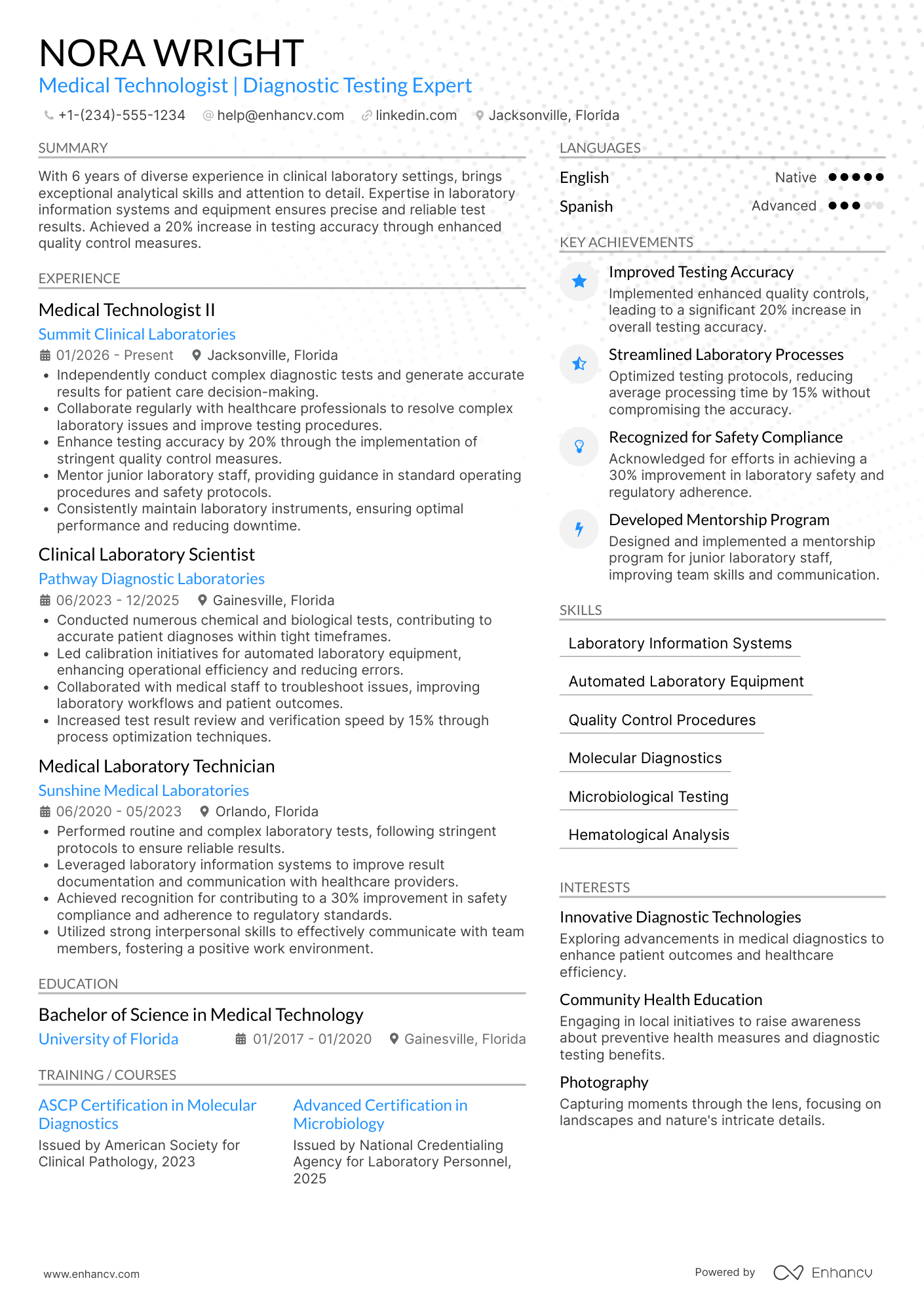 Medical Technologist II Resume Example