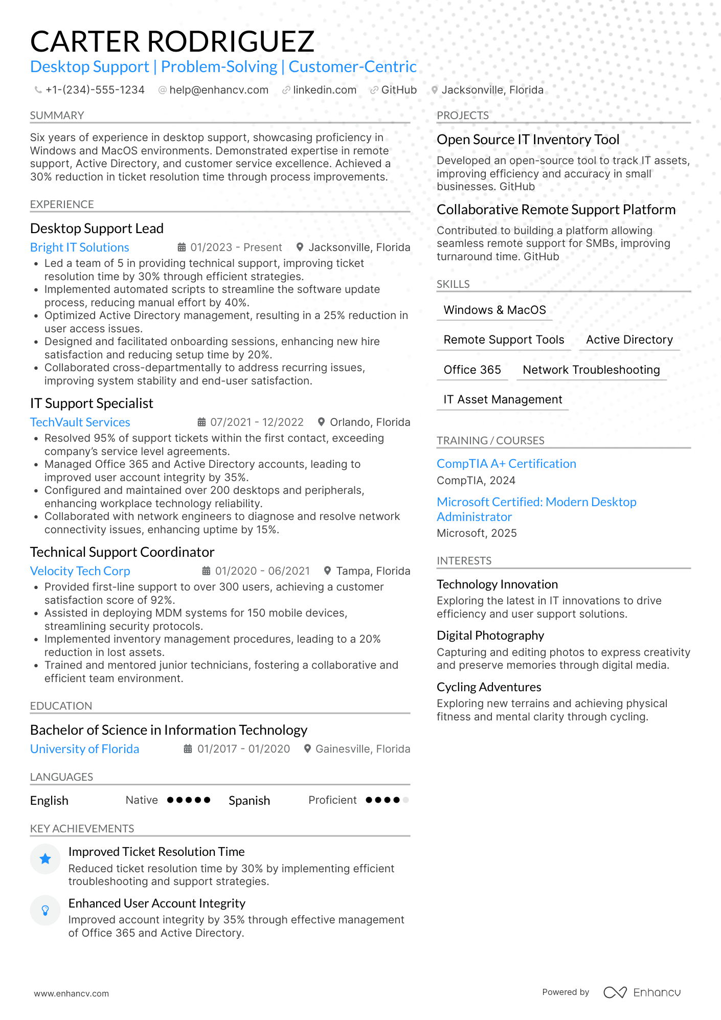 Desktop Support Specialist Resume Example