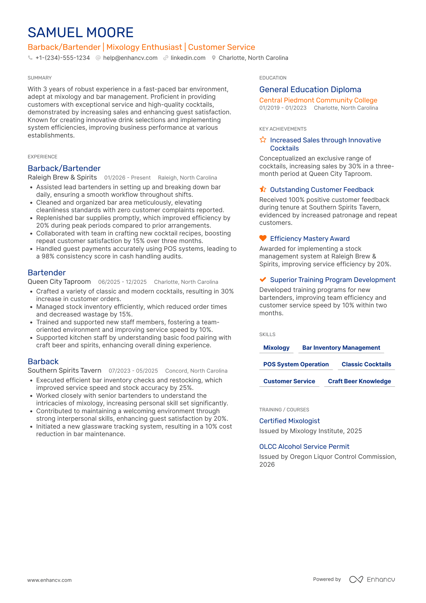 Barback/Bartender Resume Example