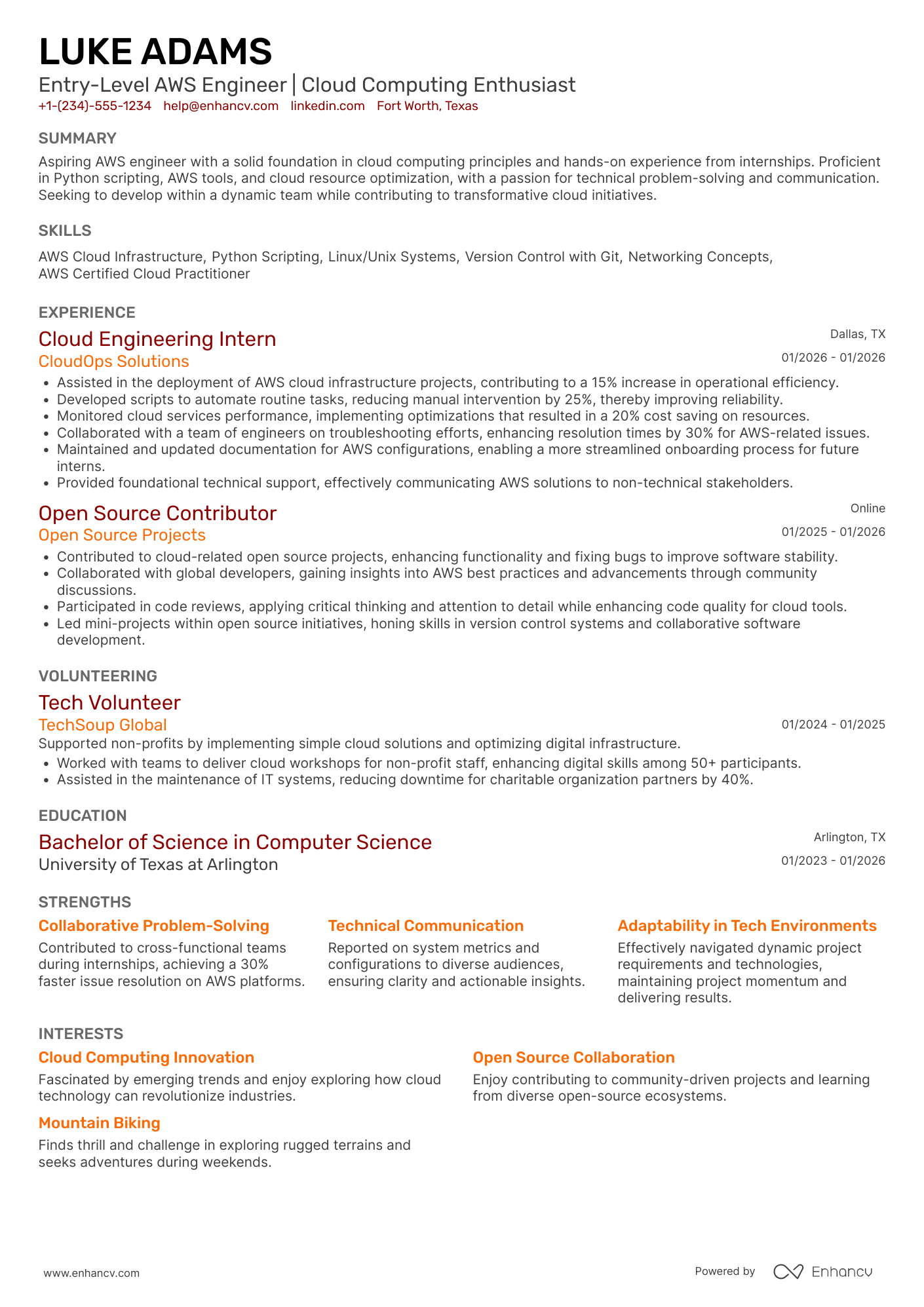Entry Level AWS Engineer Resume Example