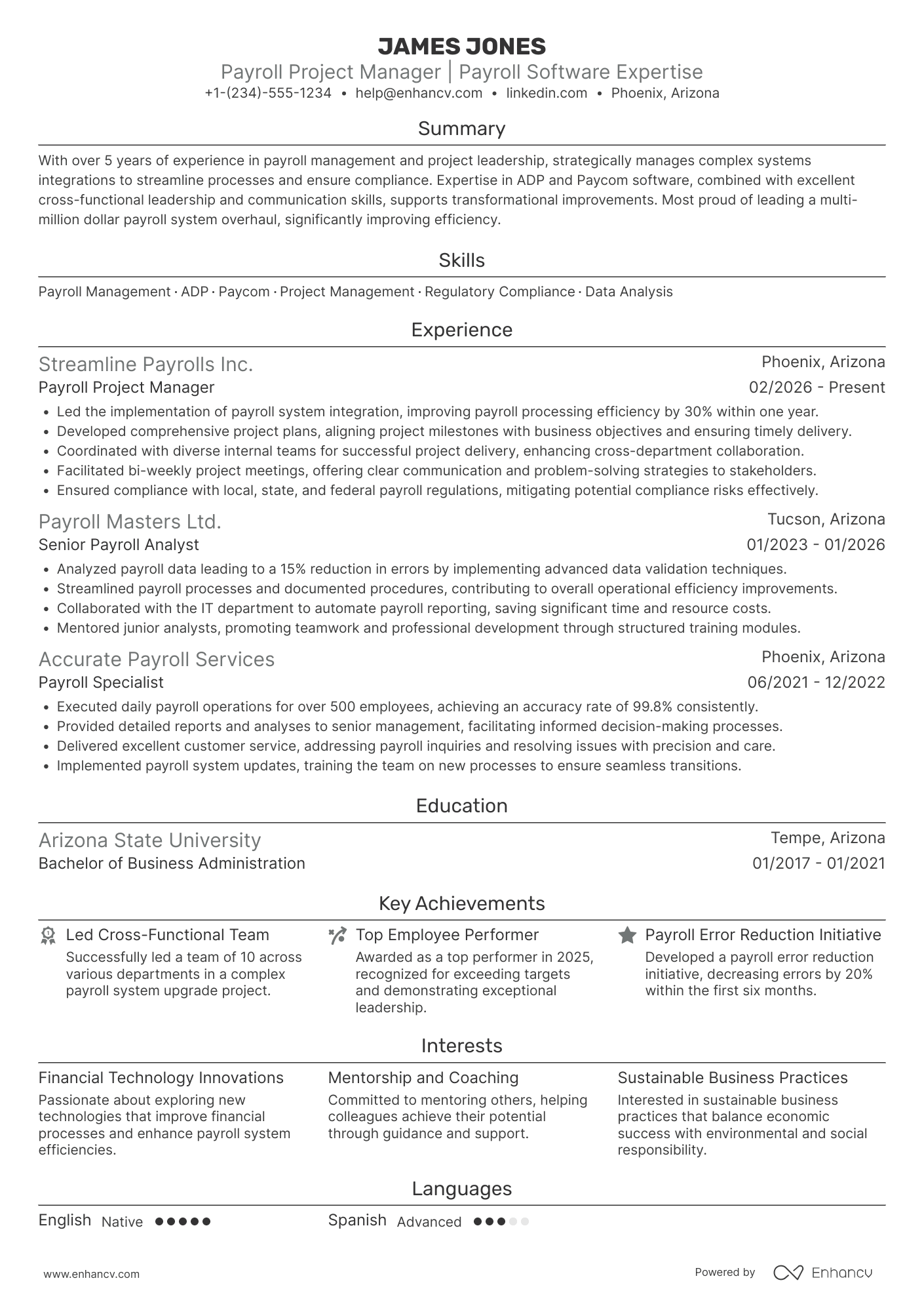 Payroll Project Manager Resume Example