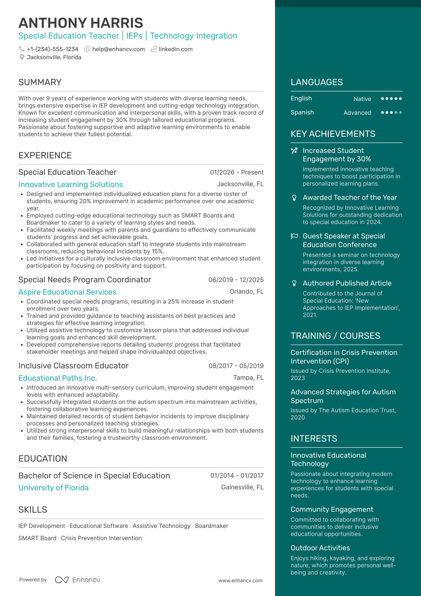 Special Education Teacher Resume Example