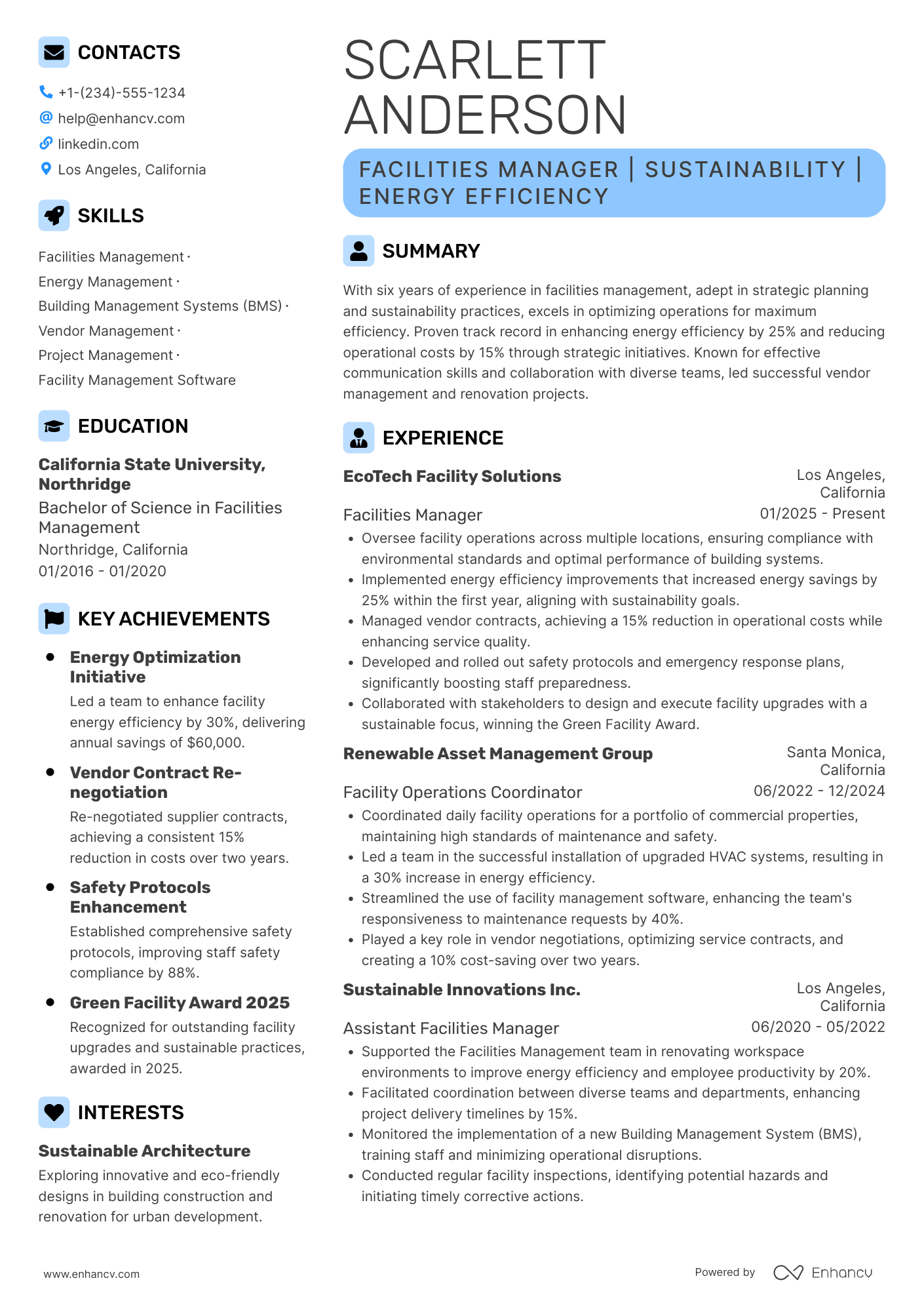 Facilities Manager Resume Example
