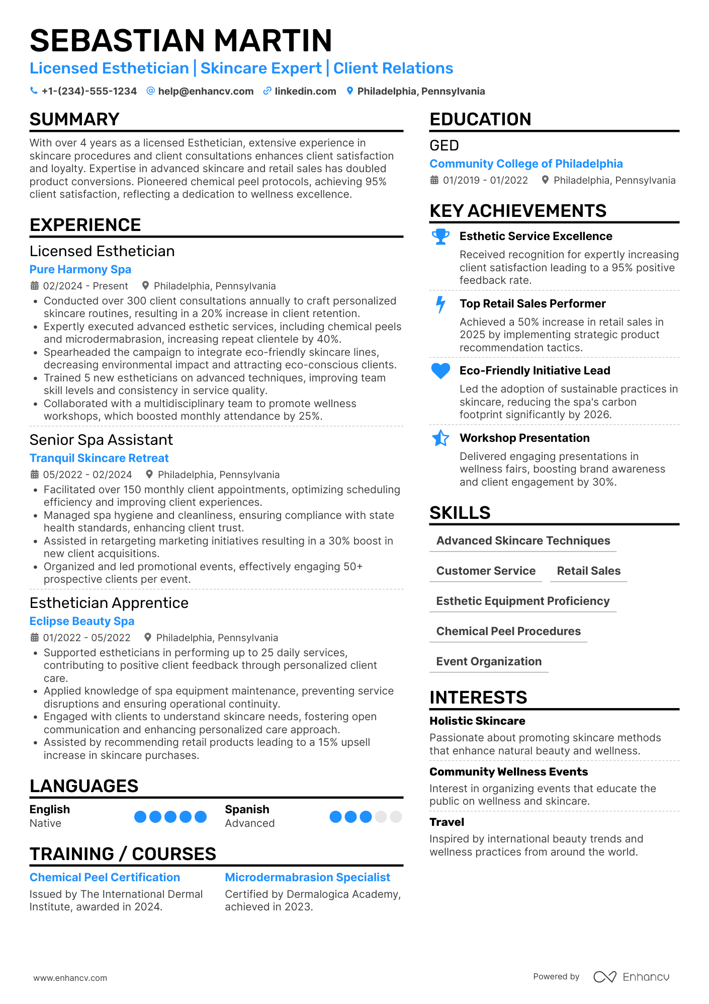 Spa Esthetician Resume Example