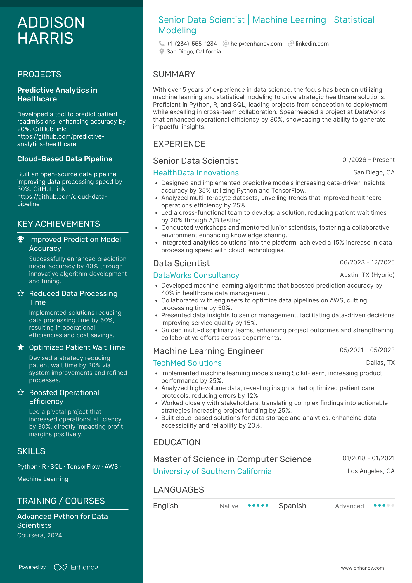 Senior Data Scientist Resume Example