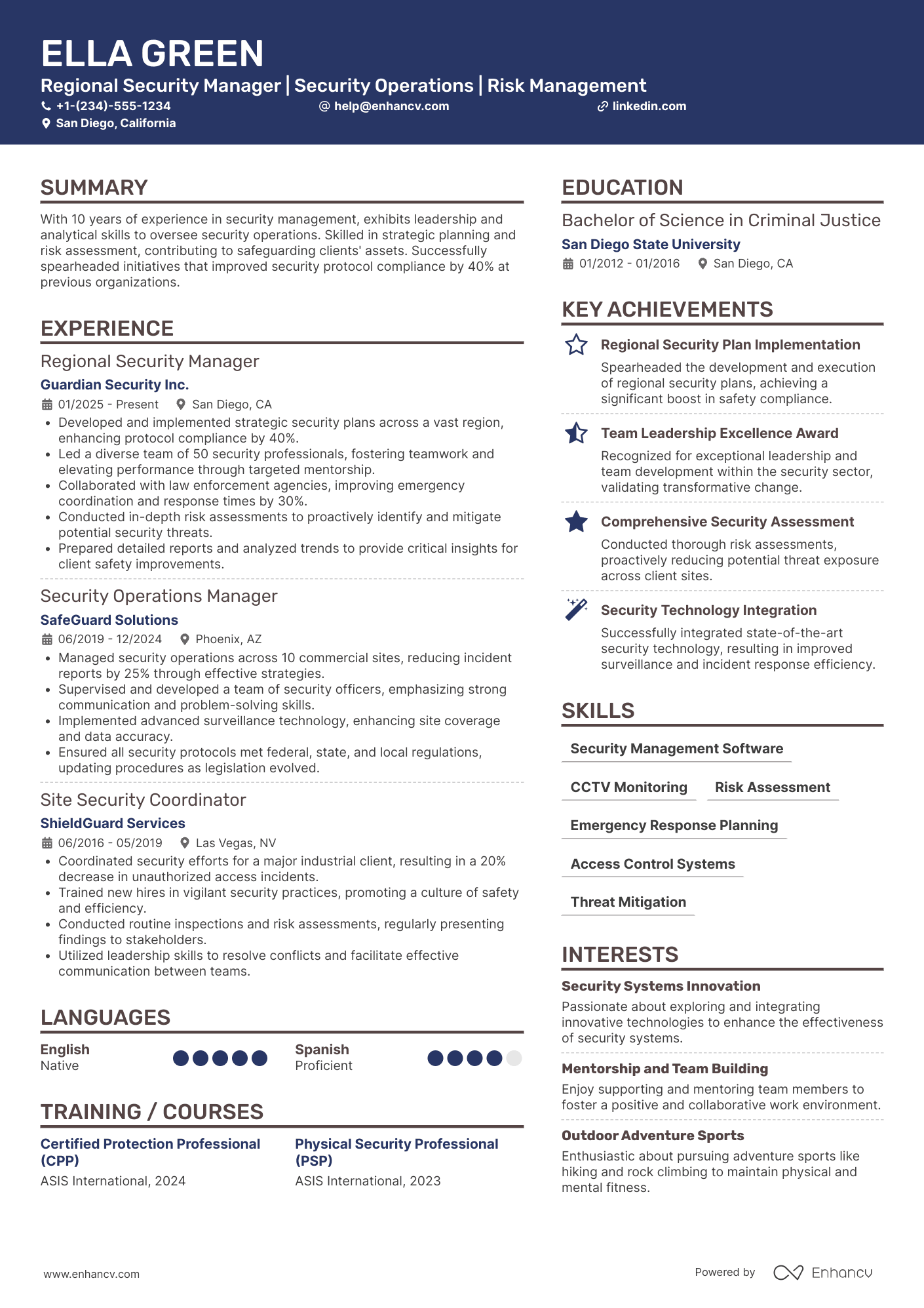 Regional Security Manager Resume Example