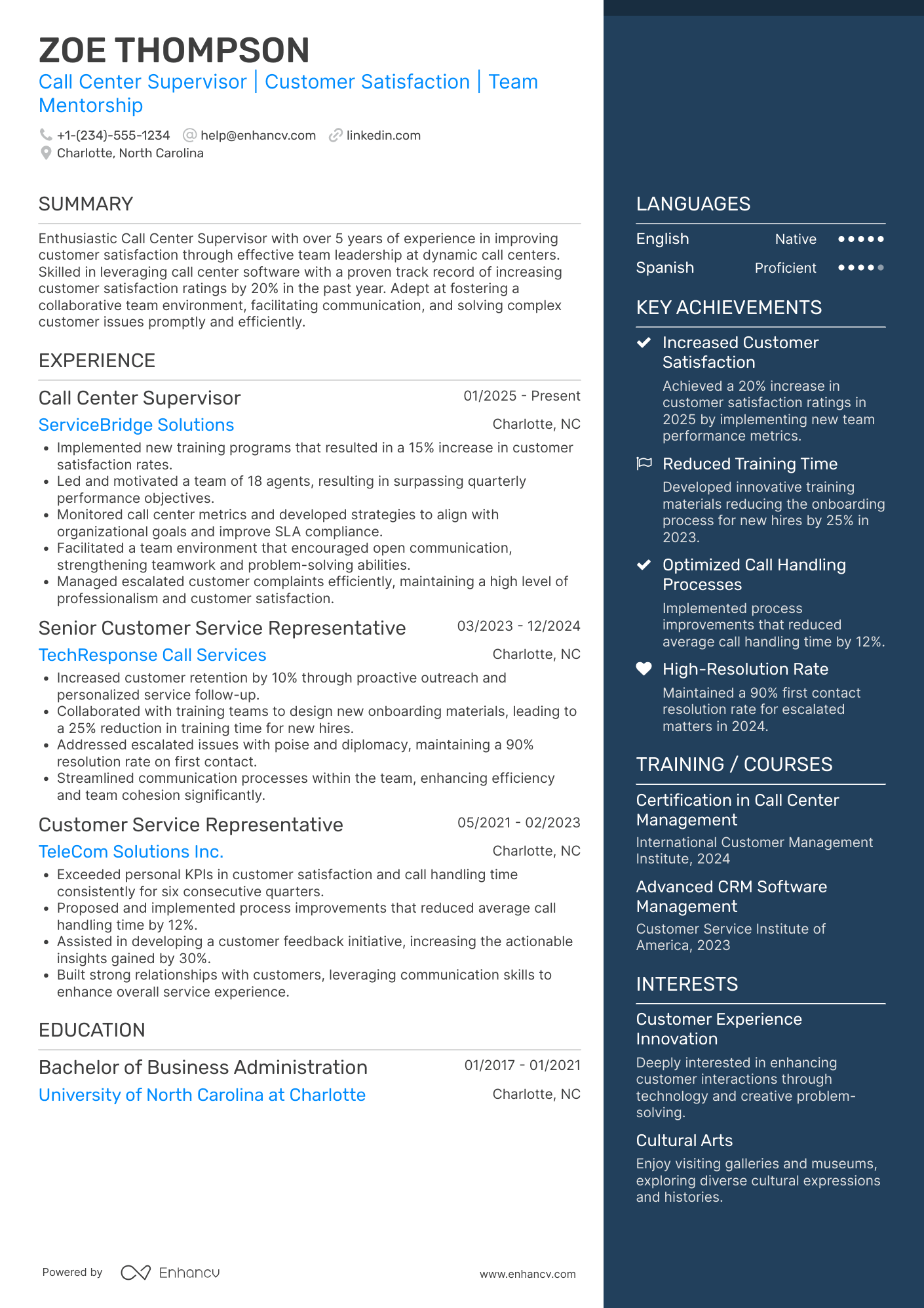 Call Center Supervisor Resume Example